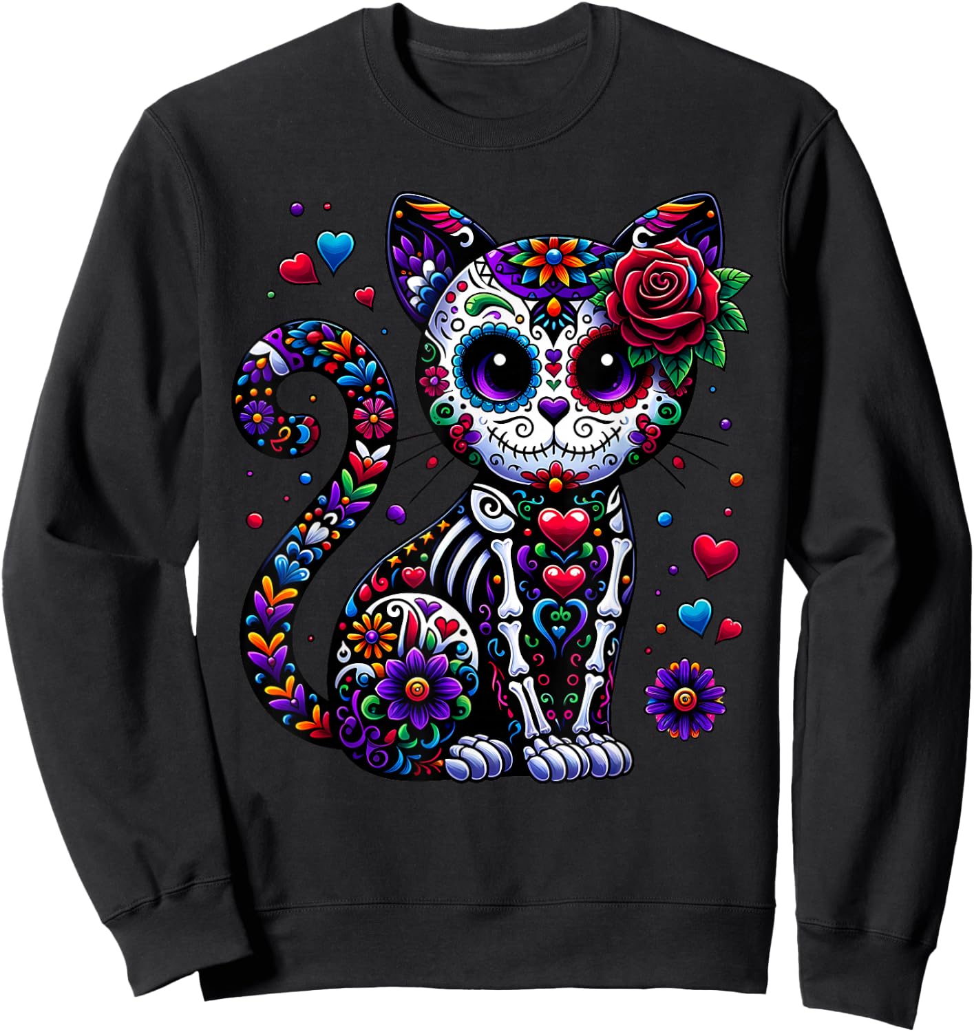 Dia De Los Muertos Cinco De Mayo Cat Sugar Skull Men Women Sweatshirt - Sweatshirt | Black