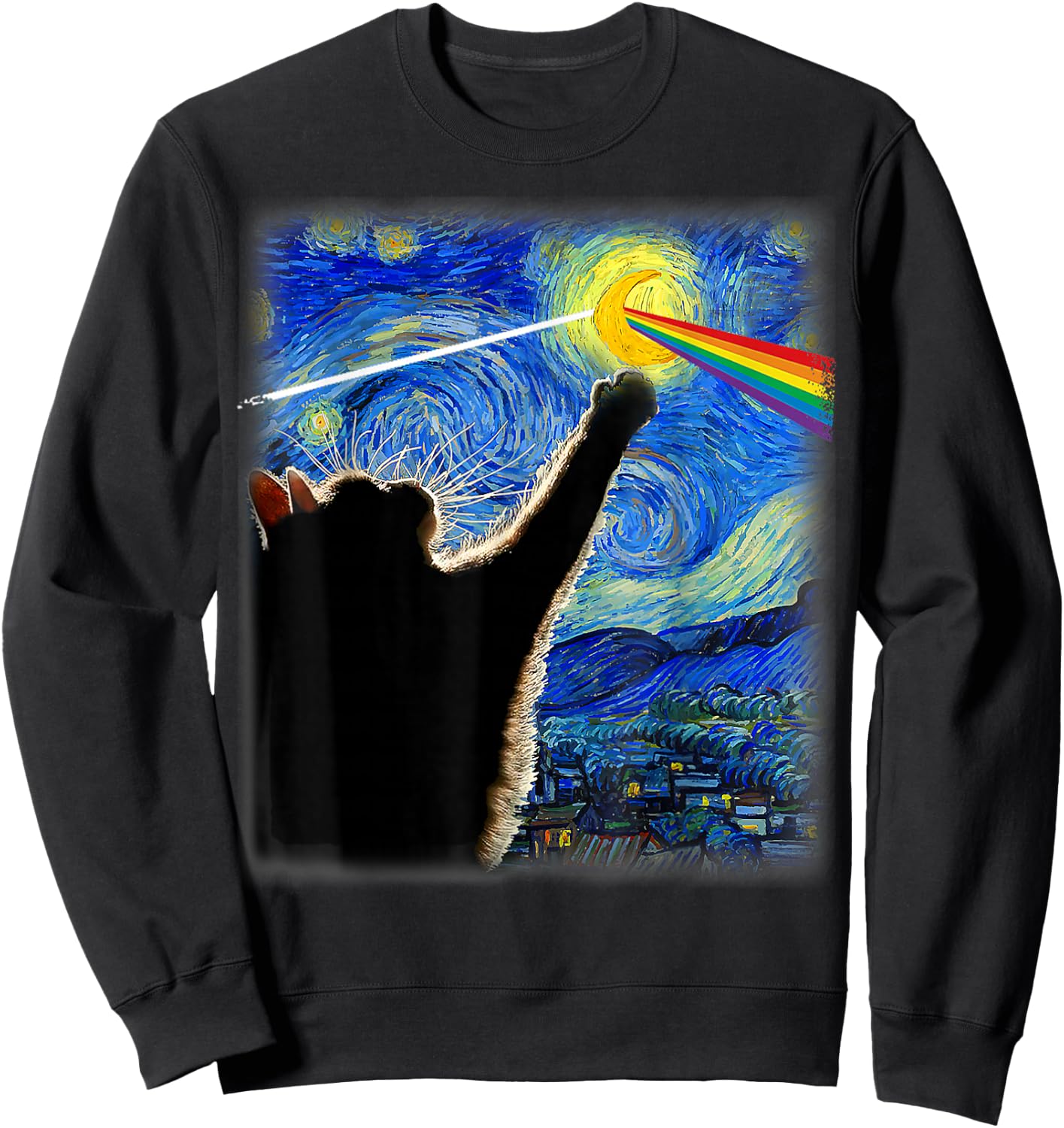 Cat Rock Music Cat Starry Night Van Gogh Art Funny Cat Gifts Women Kids Sweatshirt - Sweatshirt | Black