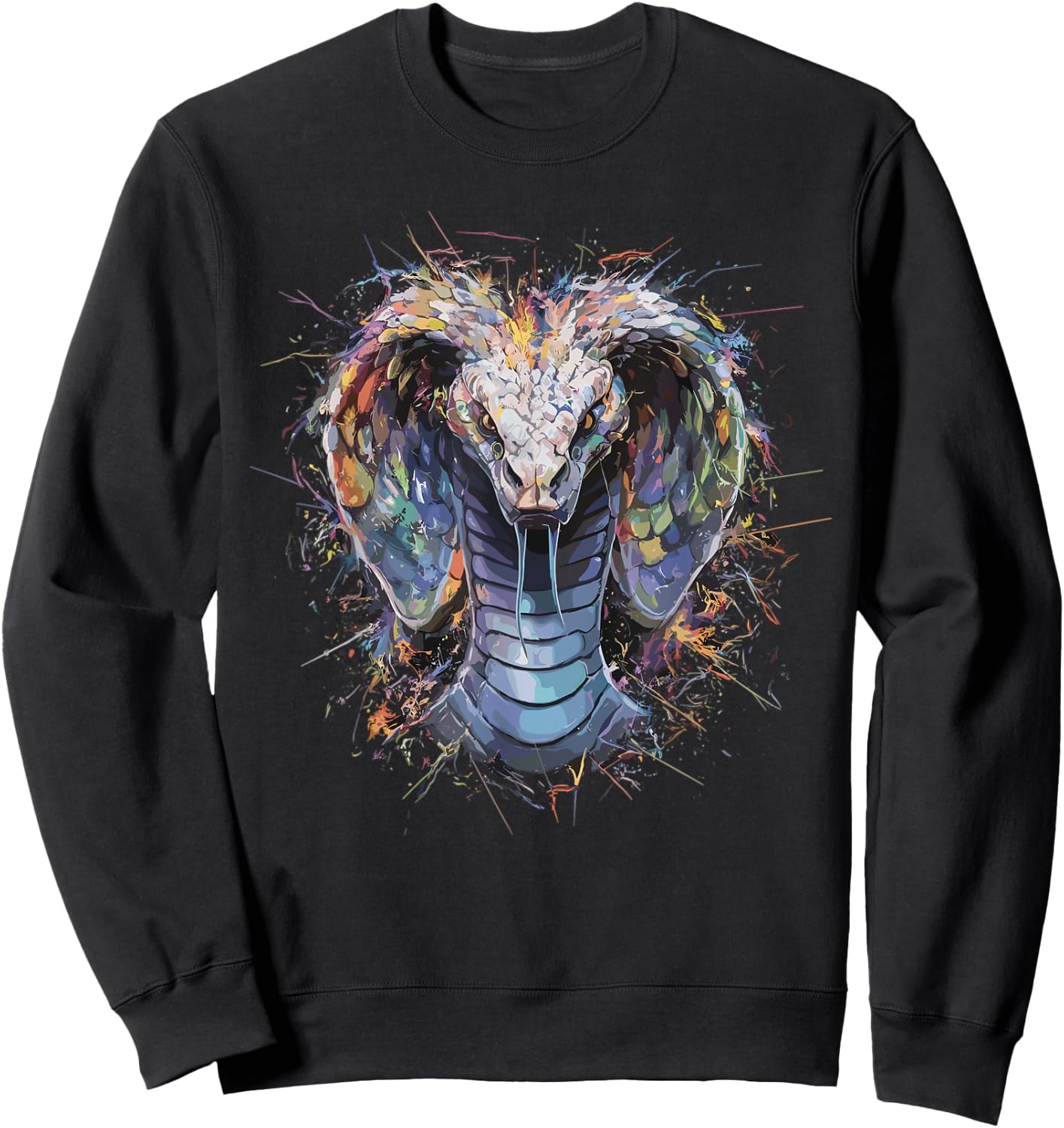 Colorful Paint Splash Menacing Cobra Snake Art Graphic Sweatshirt - Sweatshirt | Black