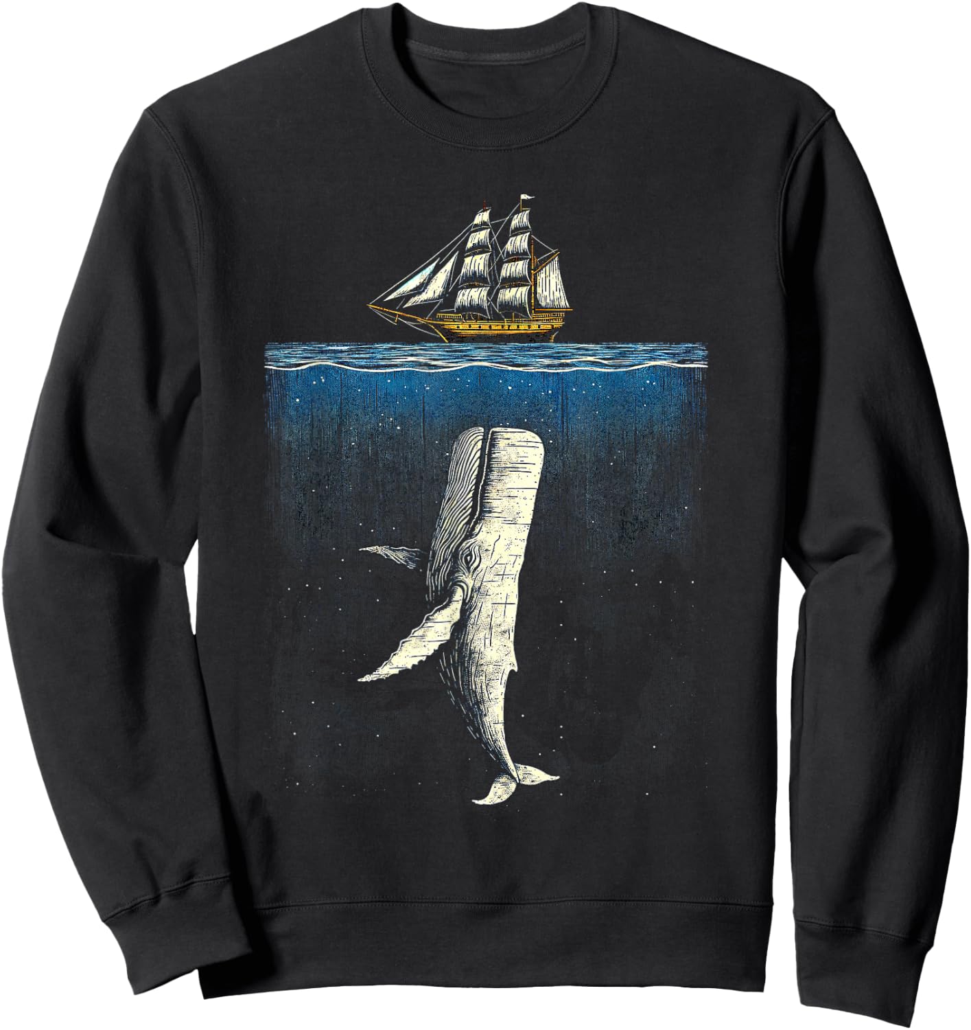 Moby Dick Inspired Threatening Whale and Ship Artwork Sweatshirt - Sweatshirt | Black