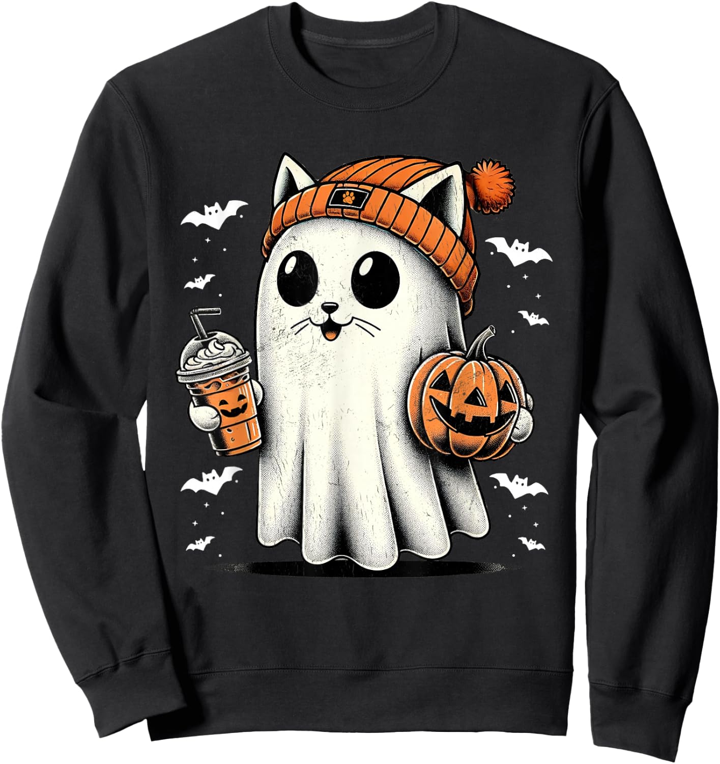 Cute Cat Ghost Iced Coffee Funny Ghost Halloween Ice Coffee Sweatshirt - Sweatshirt | Black