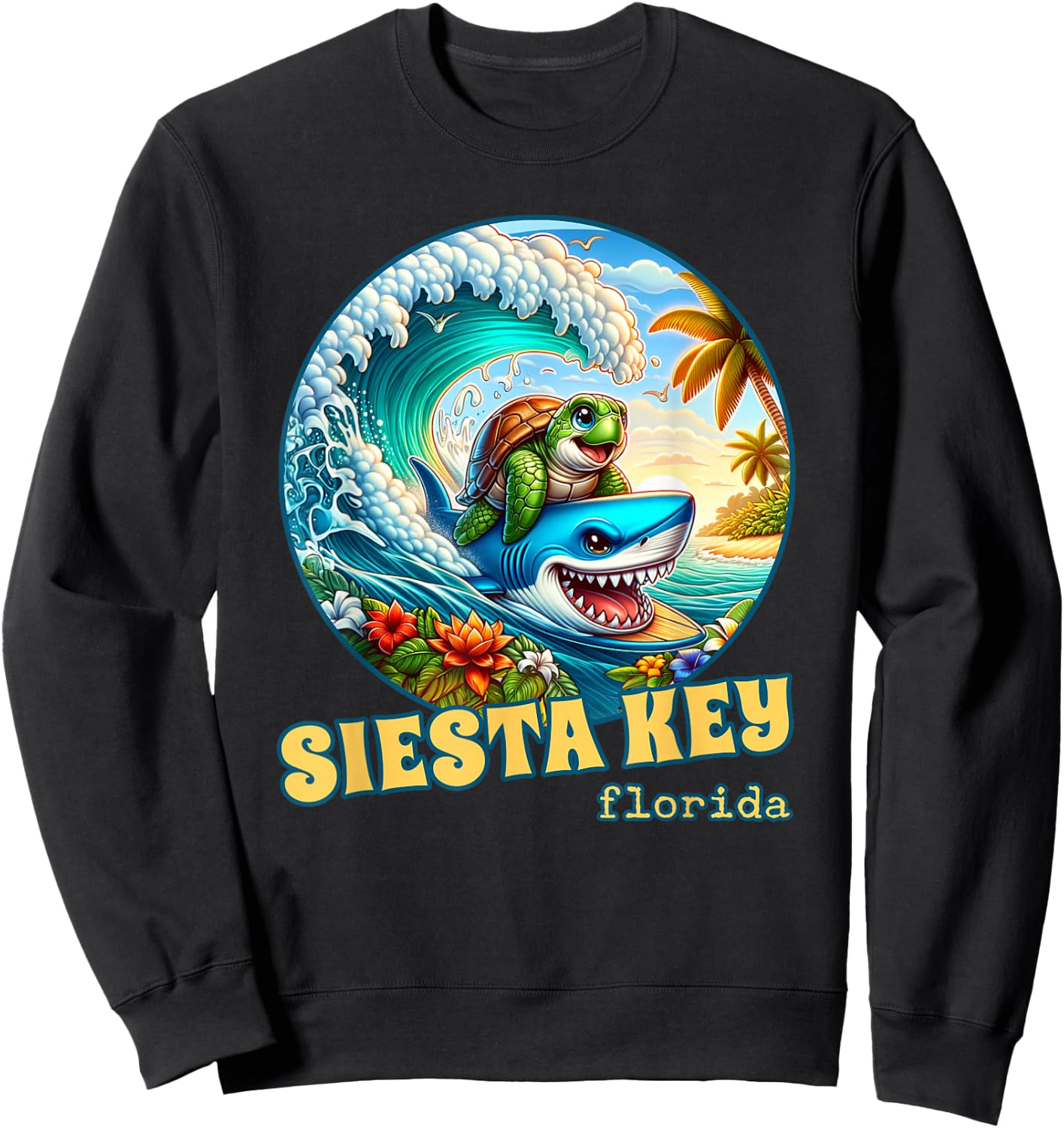 Siesta Key Florida Surfing Sea Turtle and Shark Sweatshirt - Sweatshirt | Black