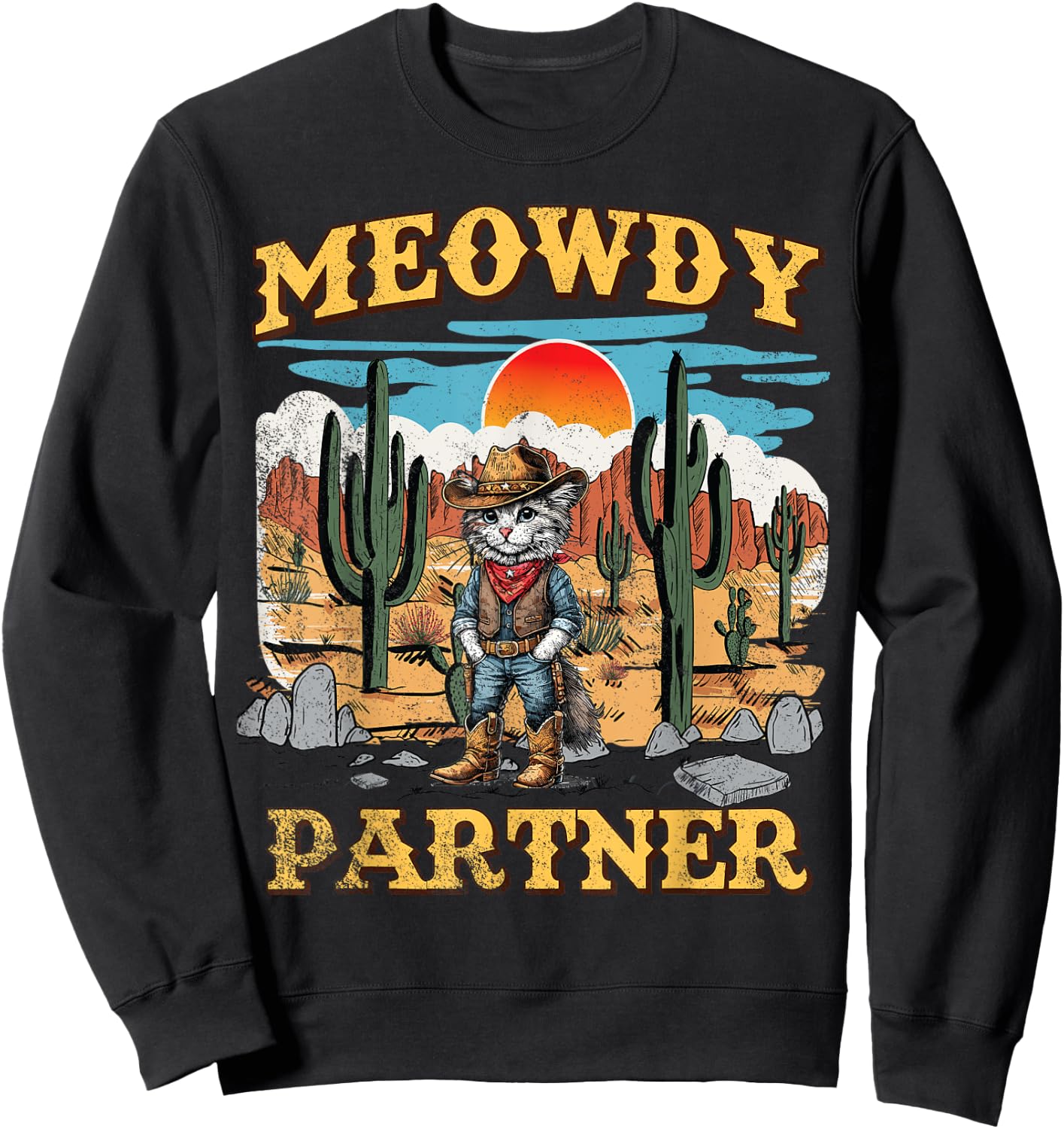 Meowdy Partner Western Cowboy Vintage Cat Sweatshirt - Sweatshirt | Black