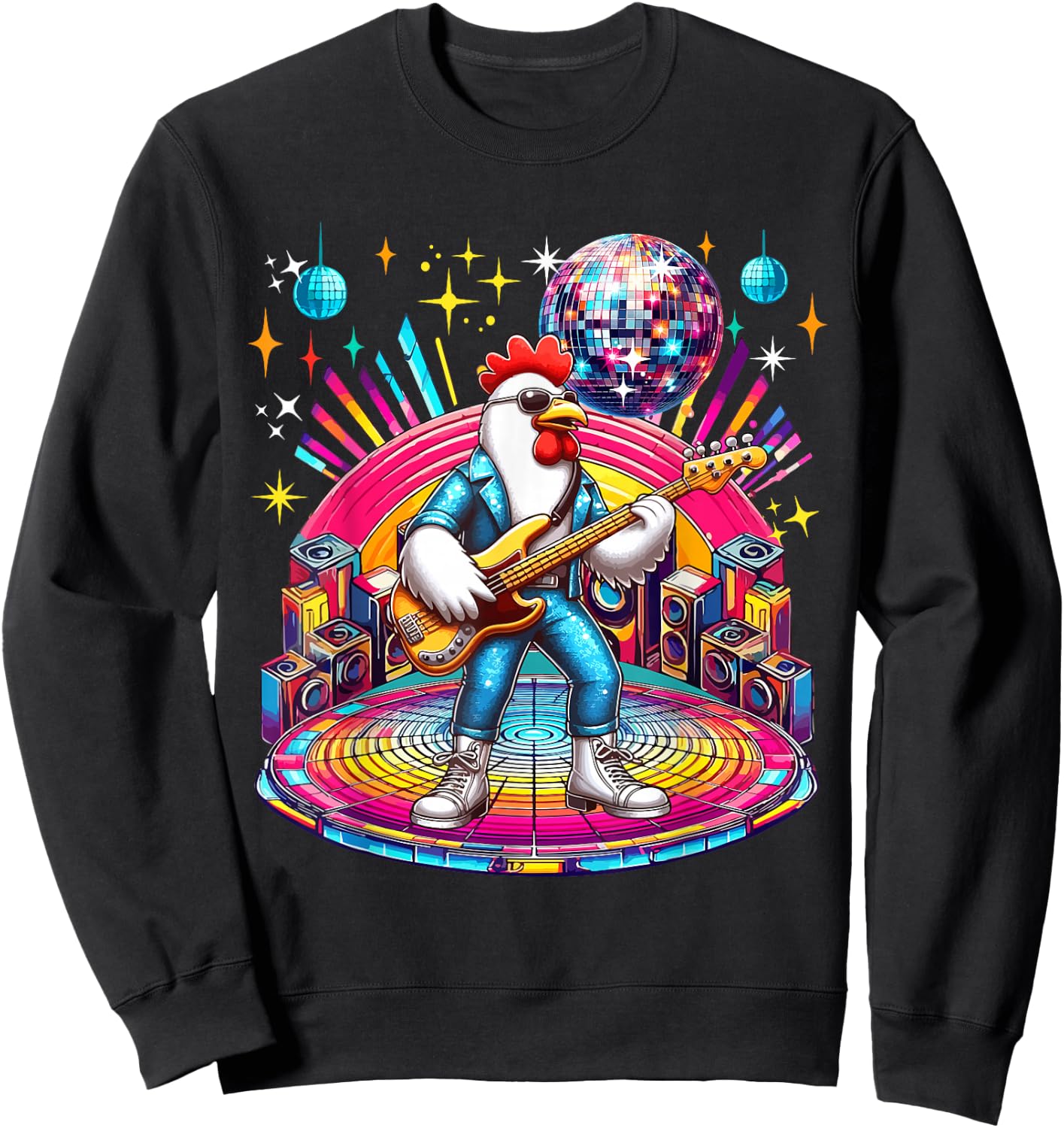 Chicken Sunglasses Playing Guitar Colourful Costume Disco Sweatshirt - Sweatshirt | Black