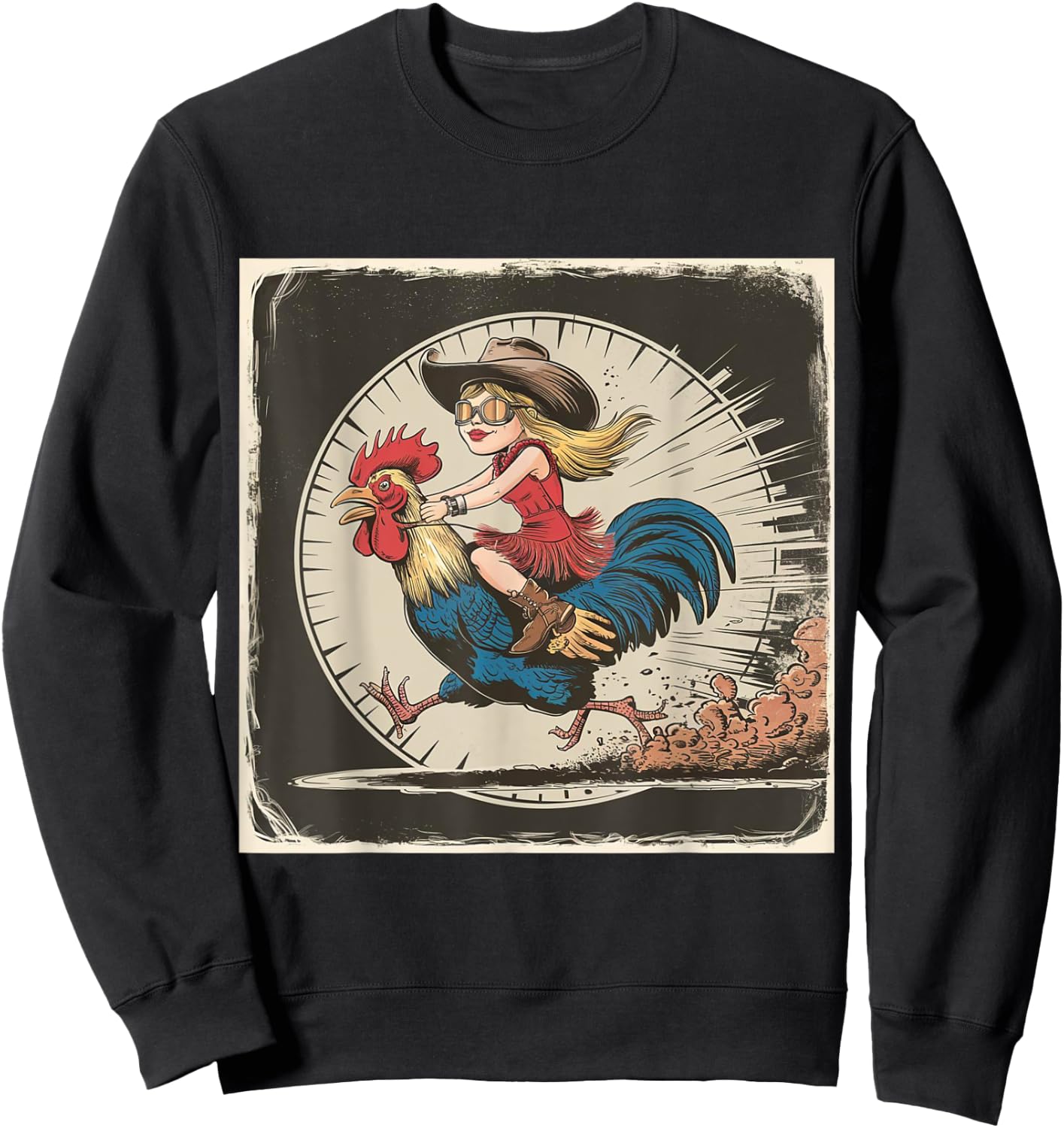 Funny Vintage Distressed Cowgirl Riding Chicken Rooster Sweatshirt - Sweatshirt | Black