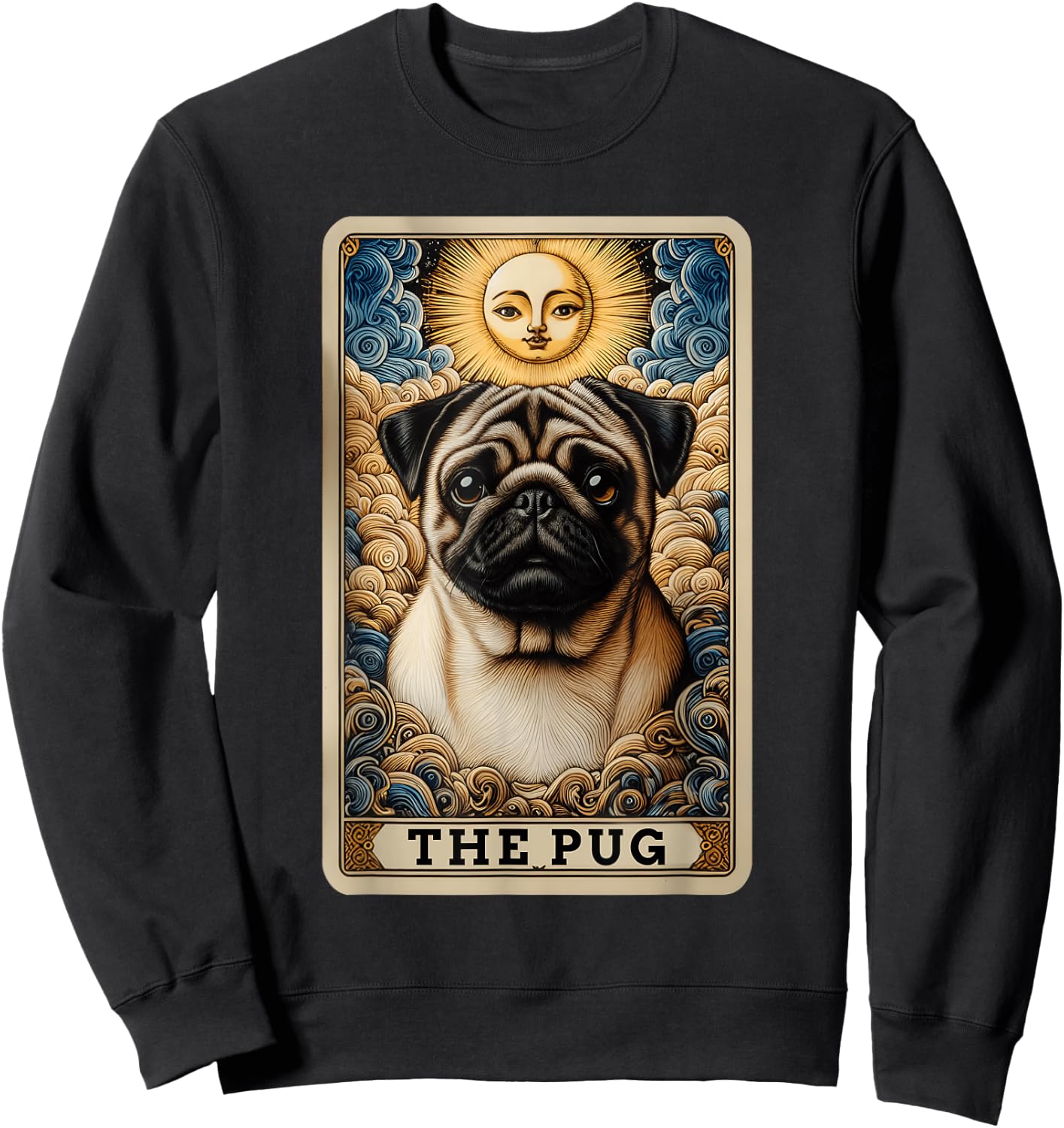 The Pug Tarot Card Dog Pug Dogs -Adult , Black, Small, Short Sleeve, Cartoon Dog Theme, Casual, Playful Sweatshirt - Sweatshirt | Black