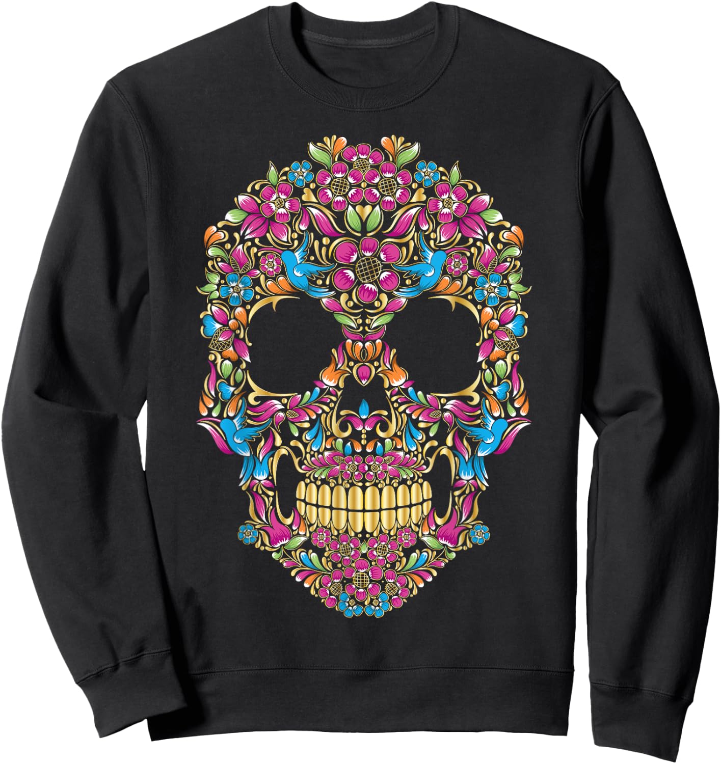 Colourful sugar skulls with flowers and birds | Camiseta Sweatshirt - Sweatshirt | Black