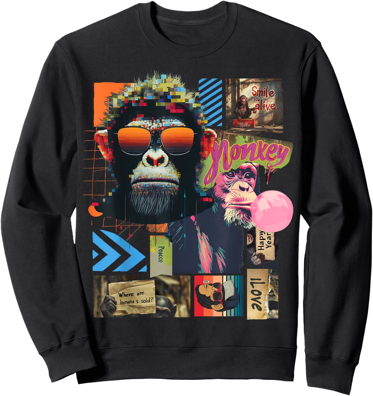 Monkey | Frontprint | Art Graphic Animal Artwork Monkey Sweatshirt - Sweatshirt | Black