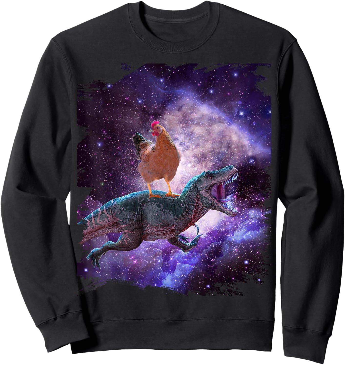 Chicken Riding Dinosaur In Space - Rainbow Sweatshirt - Sweatshirt | Black