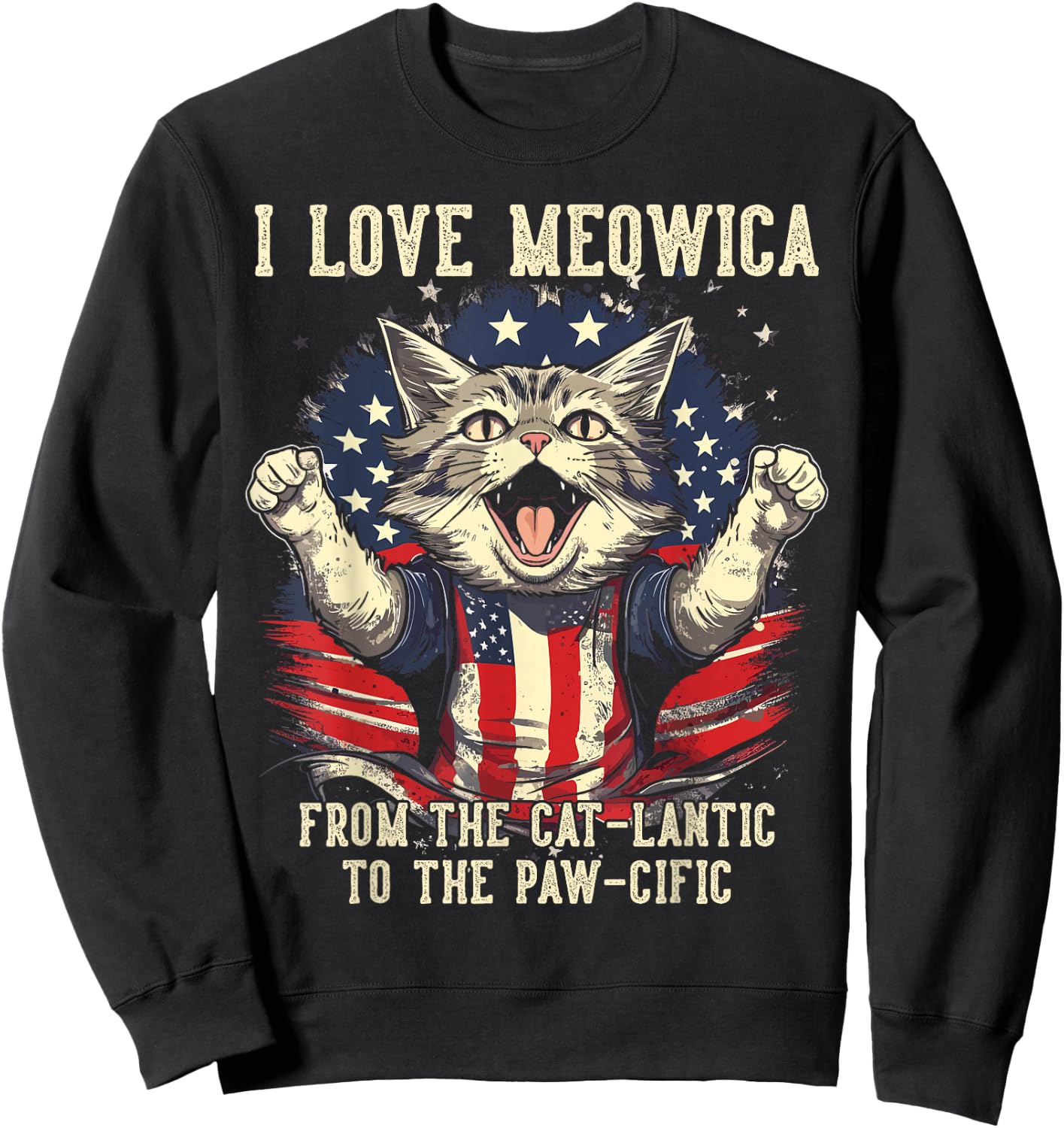 4th July Cat Lover, I Love Meowica Patriotic Funny Happy Cat Sweatshirt - Sweatshirt | Black