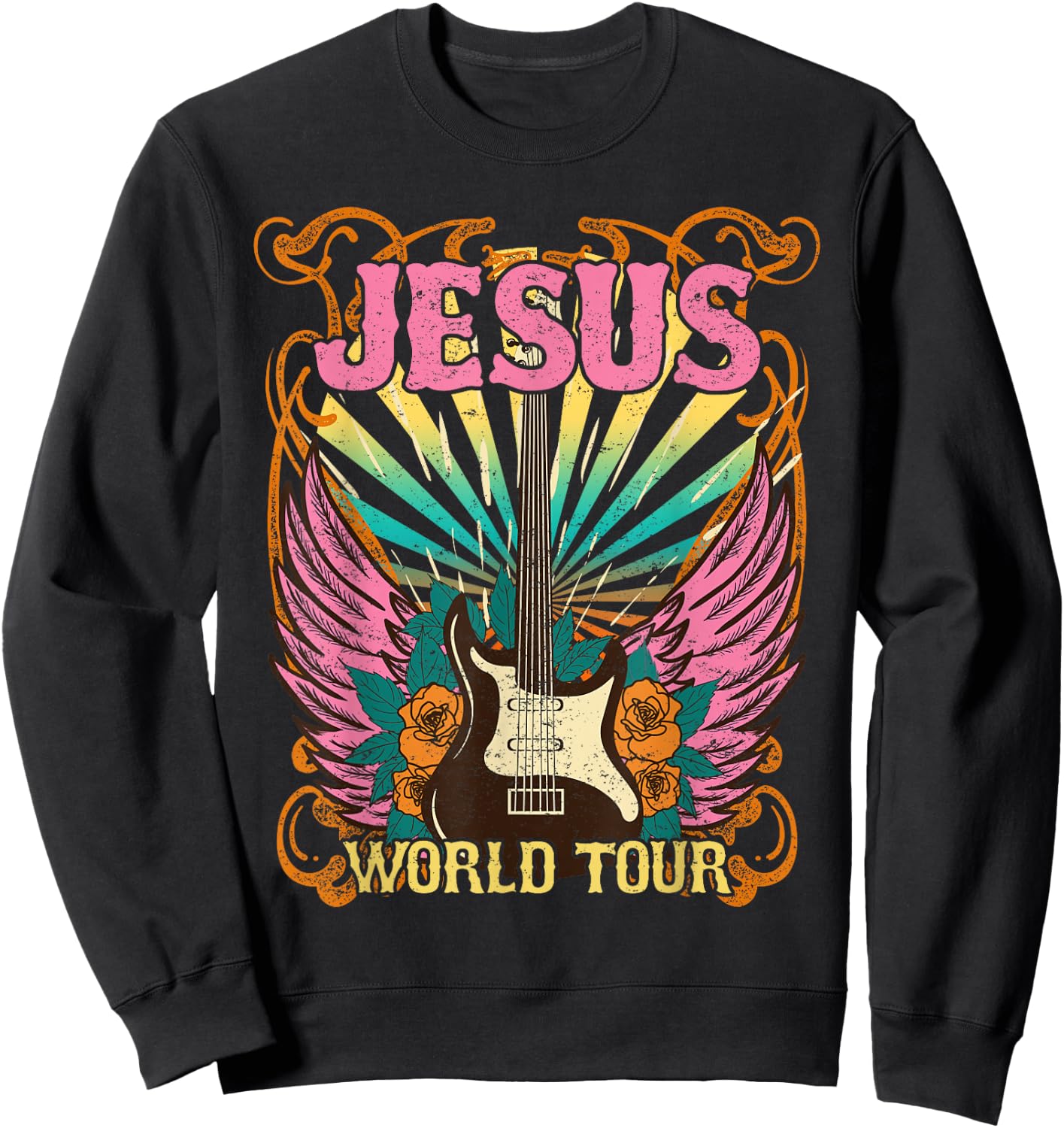 Jesus World Tour Retro 70s 80s Rock Concert Guitar Christian Sweatshirt - Sweatshirt | Black
