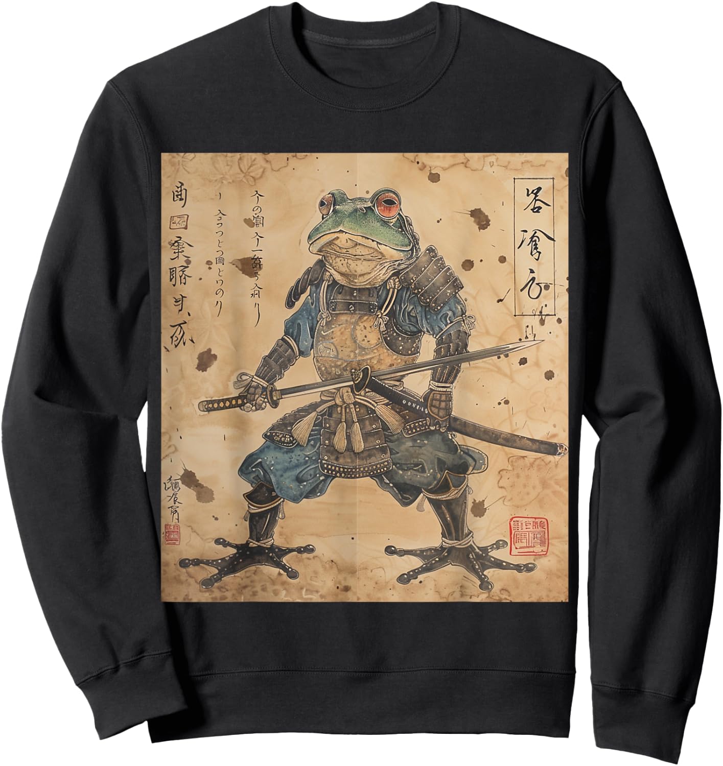 Japanese Samurai Frog In Ukiyo-e Woodblock Style Sweatshirt - Sweatshirt | Black