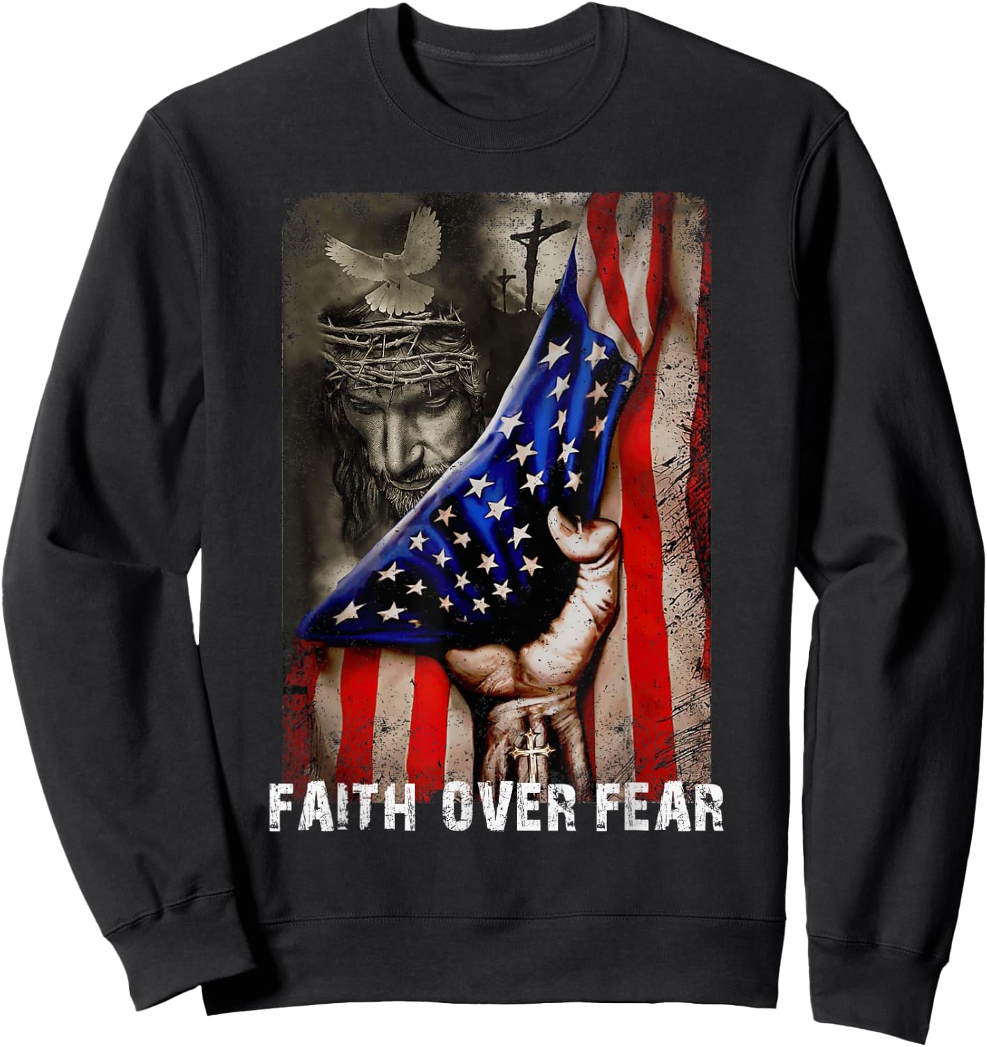 Vintage Faith Over Fear God Jesus Christian Flag 4th Of July Kids Men Sweatshirt - Sweatshirt | Black