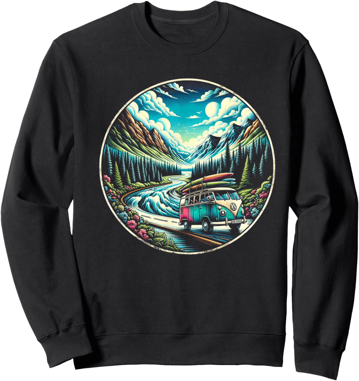 Classic Van Adventure in Scenic Mountains Sweatshirt - Sweatshirt | Black