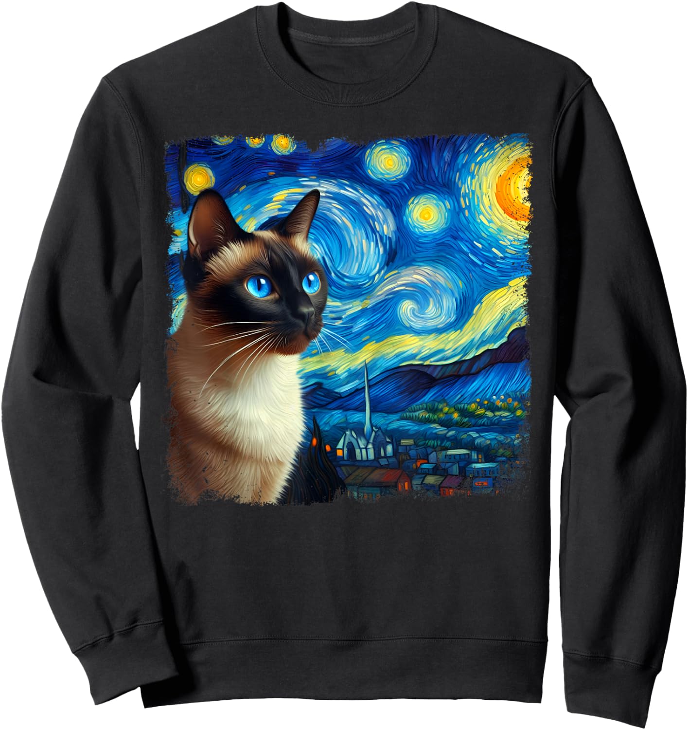 Funny Cute Siamese Cat Starry Night Van Gogh Painting Sweatshirt - Sweatshirt | Black