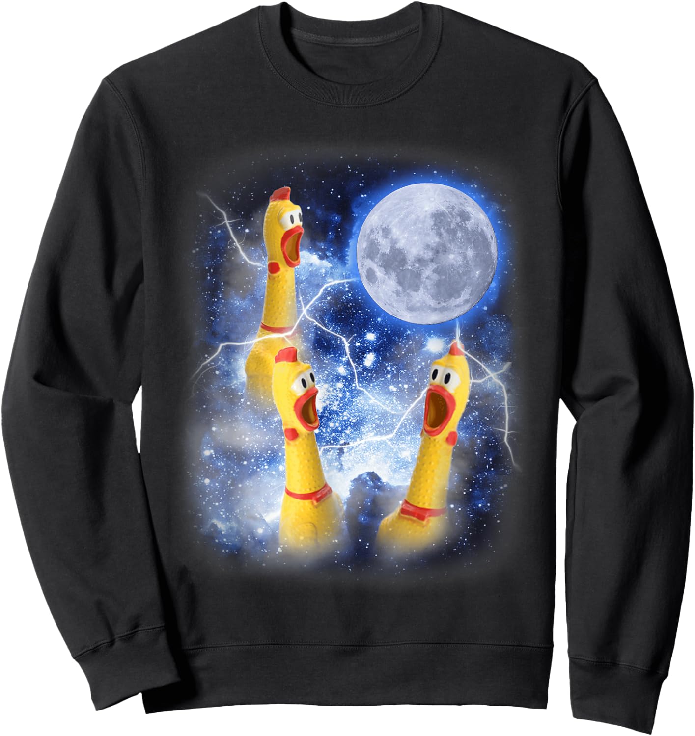 Three Rubber Chicken Moon Funny Screaming Fowl Cursed Joke Sweatshirt - Sweatshirt | Black