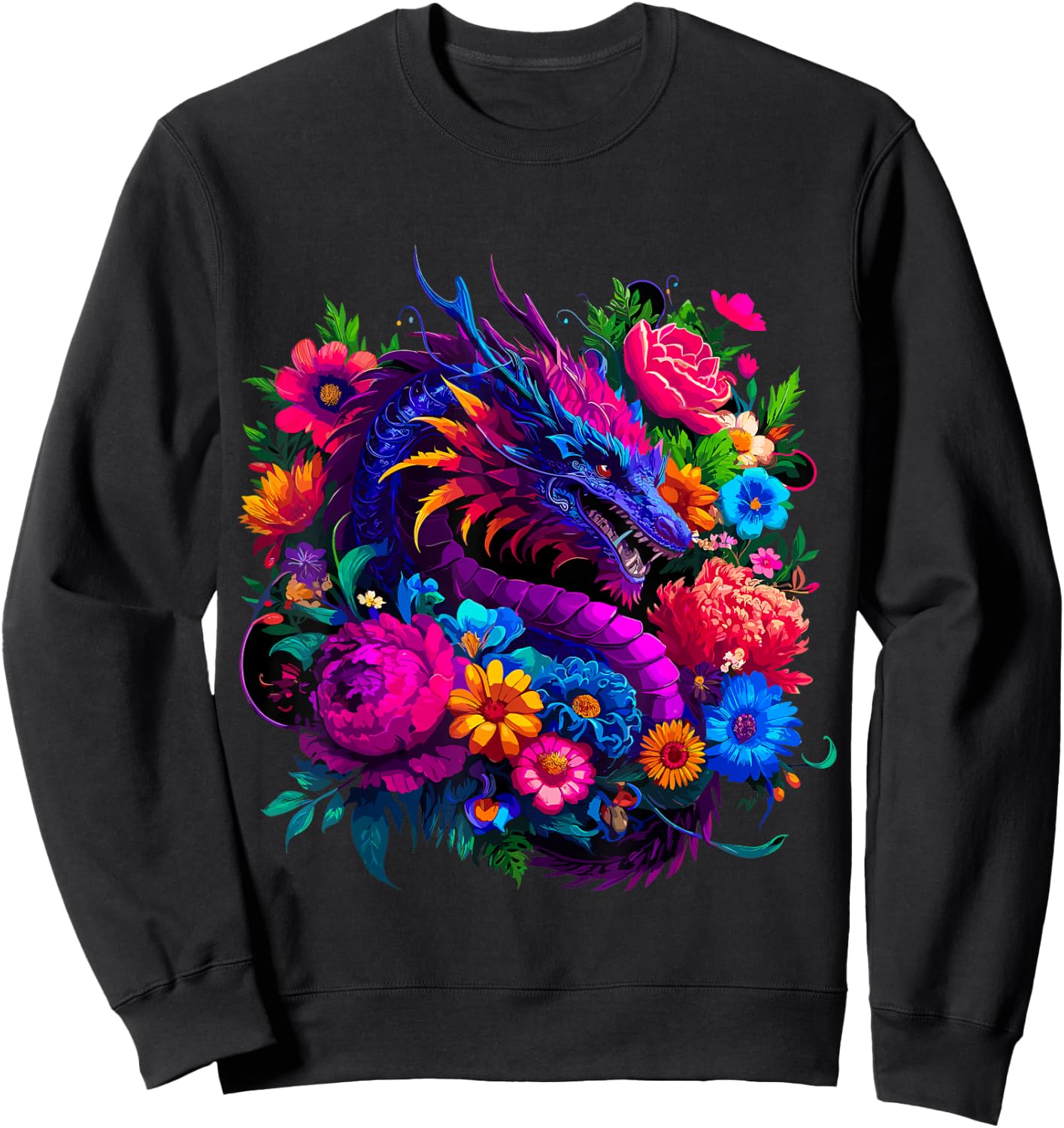 Floral Dragon , Small, Black Sweatshirt - Sweatshirt | Black
