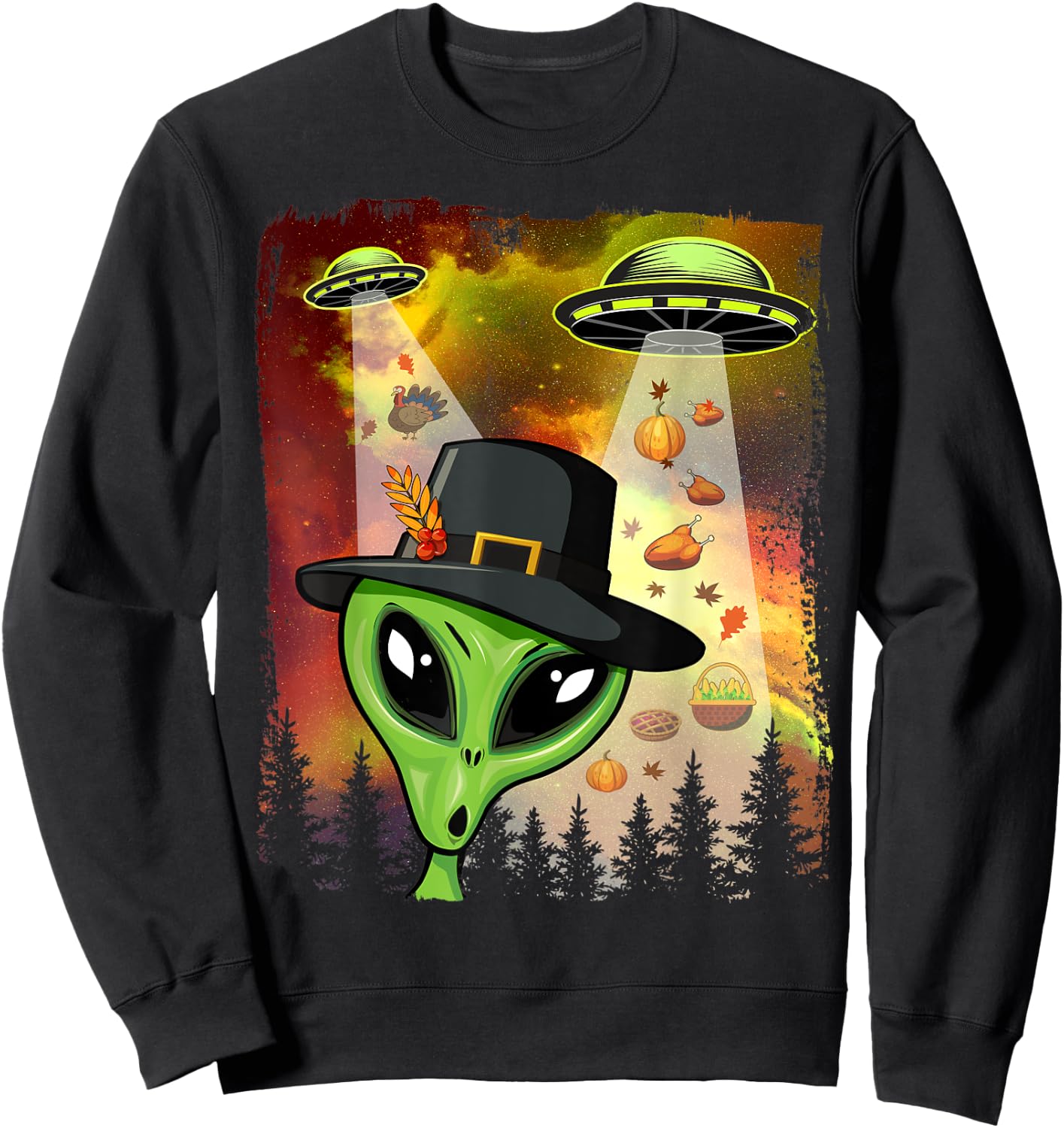Alien Thanksgiving Invasion Funny UFO Holiday Graphic Sweatshirt - Sweatshirt | Black