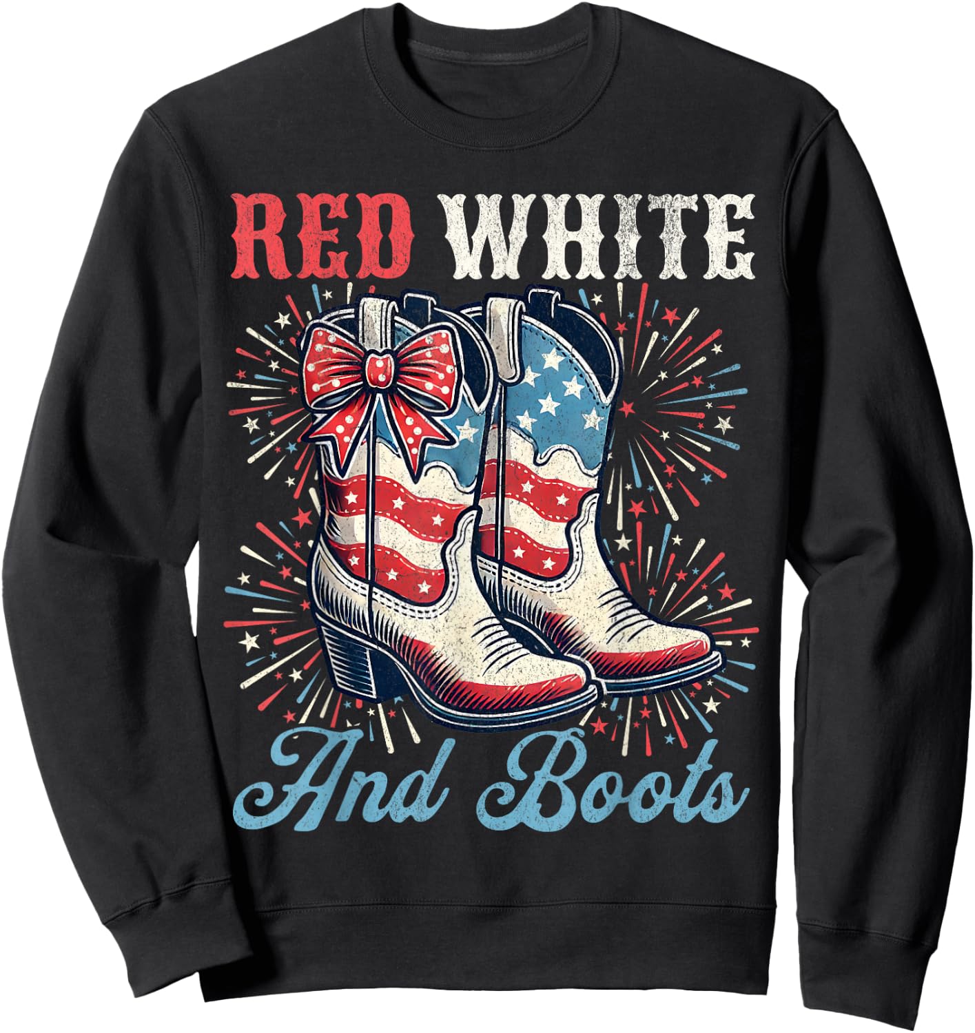 Red White And Boots Cute Coquette Cowgirl Independence Day Sweatshirt - Sweatshirt | Black