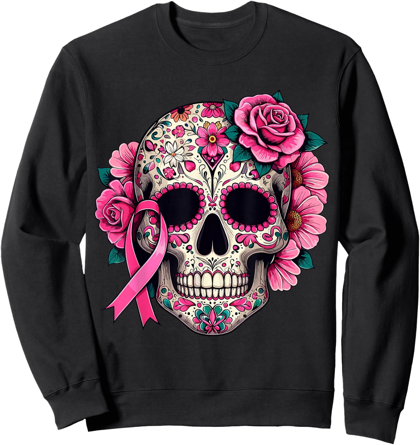 Sugar Skull Pink Ribbon Calavera Breast Cancer Awareness Sweatshirt - Sweatshirt | Black