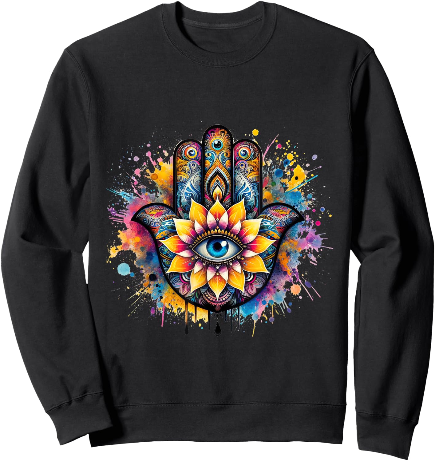 Beautiful Hamsa Hand Colorful with Fatima Eye and Lotus Sweatshirt - Sweatshirt | Black