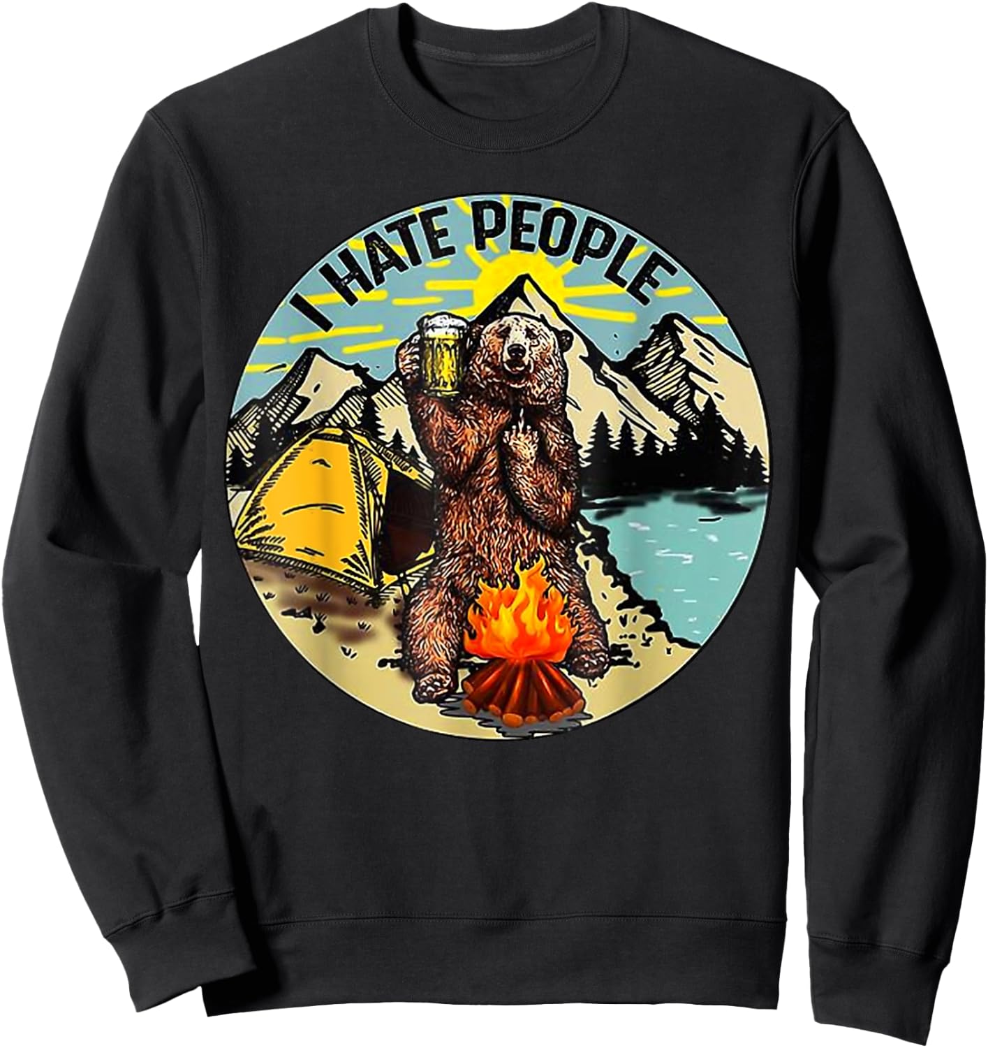 I Hate People Camping Bear Drinking Beer Vintage Funny Sweatshirt - Sweatshirt | Black