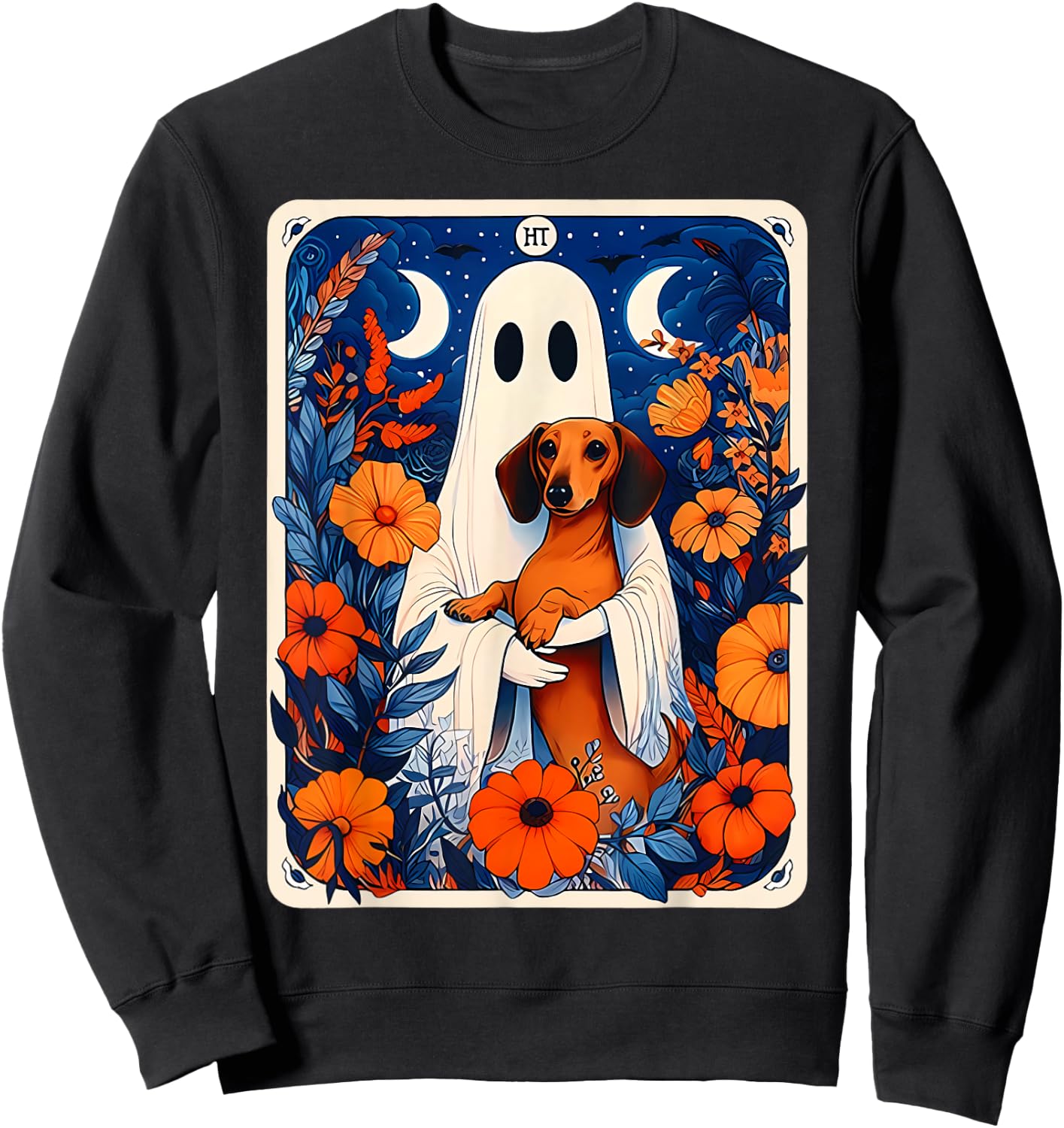Ghost Holding Dachshund Spooky Tarot Card Fall Halloween Sweatshirt - Sweatshirt | Black
