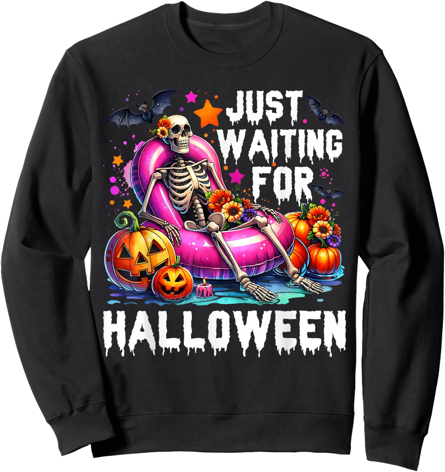 Funny Just Waiting For Halloween Skeleton Spooky Vibe Summer Sweatshirt - Sweatshirt | Black