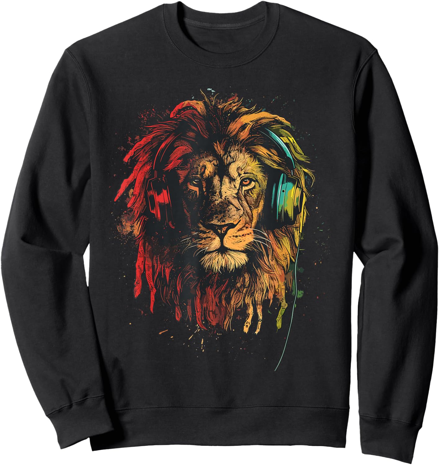 Rasta & Reggae Music, Lion With Headphones, Jamaican Pride Sweatshirt - Sweatshirt | Black