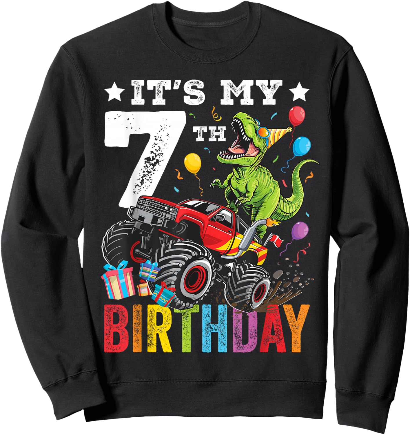 Seven 7th Birthday Dinosaur Monster Truck Sweatshirt - Sweatshirt | Black