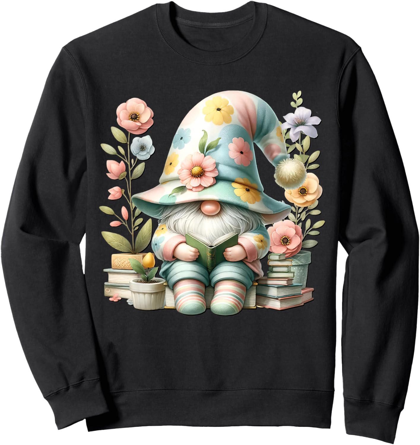 Book Reading Themed Retired Gnome Cute Wildflower Sweatshirt - Sweatshirt | Black