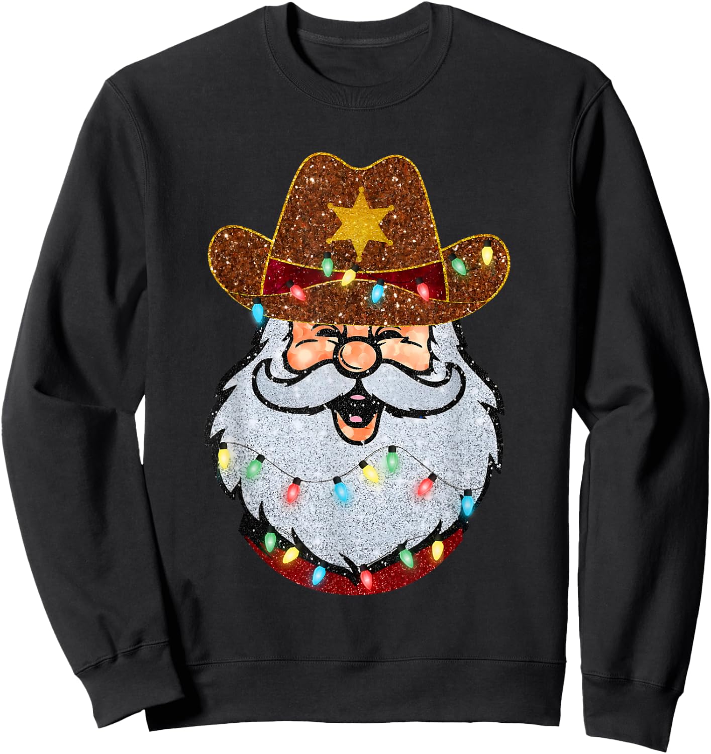 Santa Cowboy Western Christmas Xmas Lights Holiday Pajamas Sweatshirt - Sweatshirt | Black