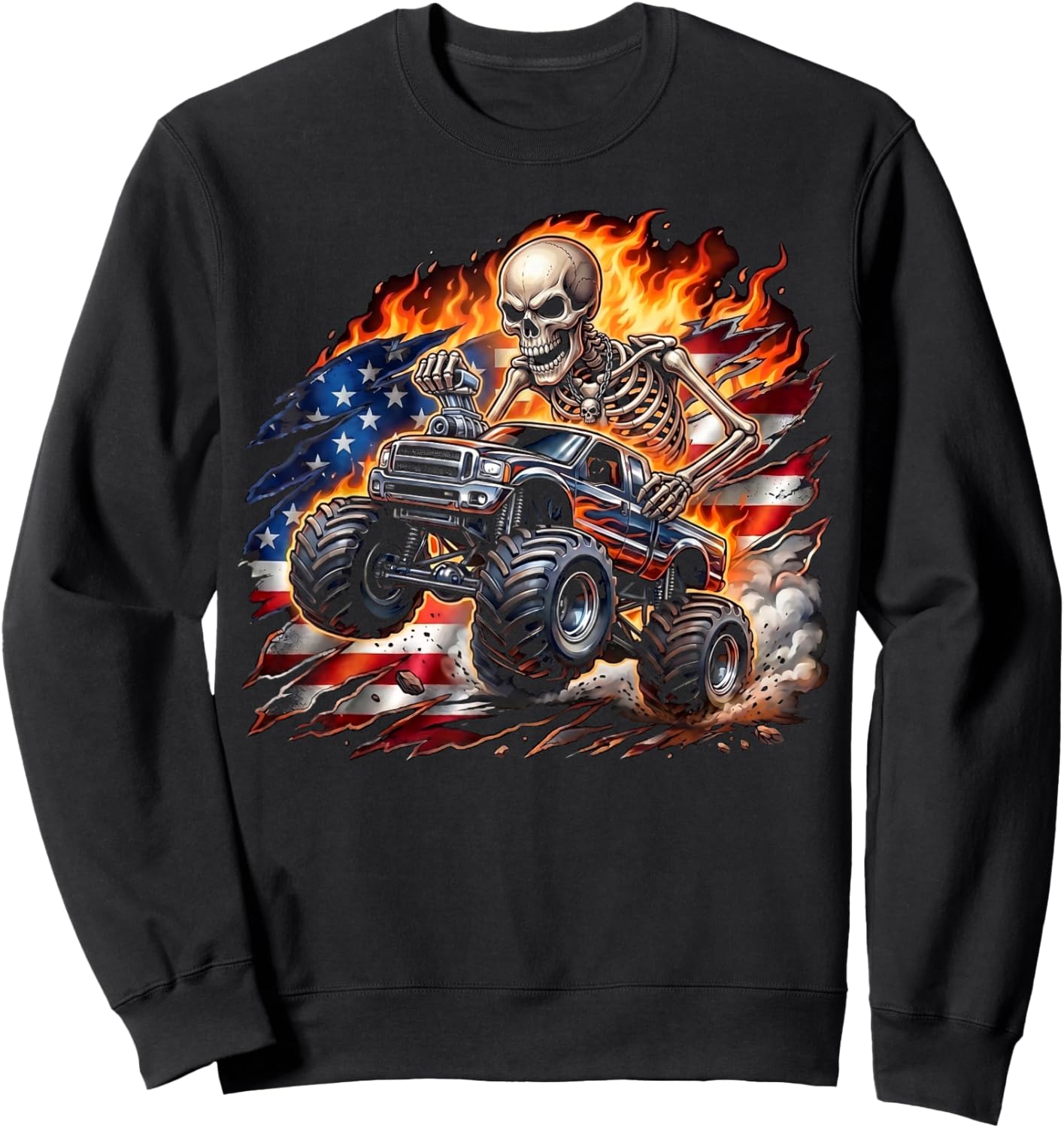 Patriotic Monster Truck Skeleton American Flag 4th of July Sweatshirt - Sweatshirt | Black