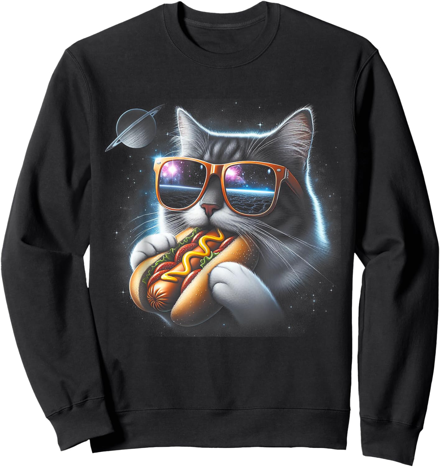 Cat Eating Funny Hot-Dog in Space Kit-Ty Gal-Axy Sweatshirt - Sweatshirt | Black