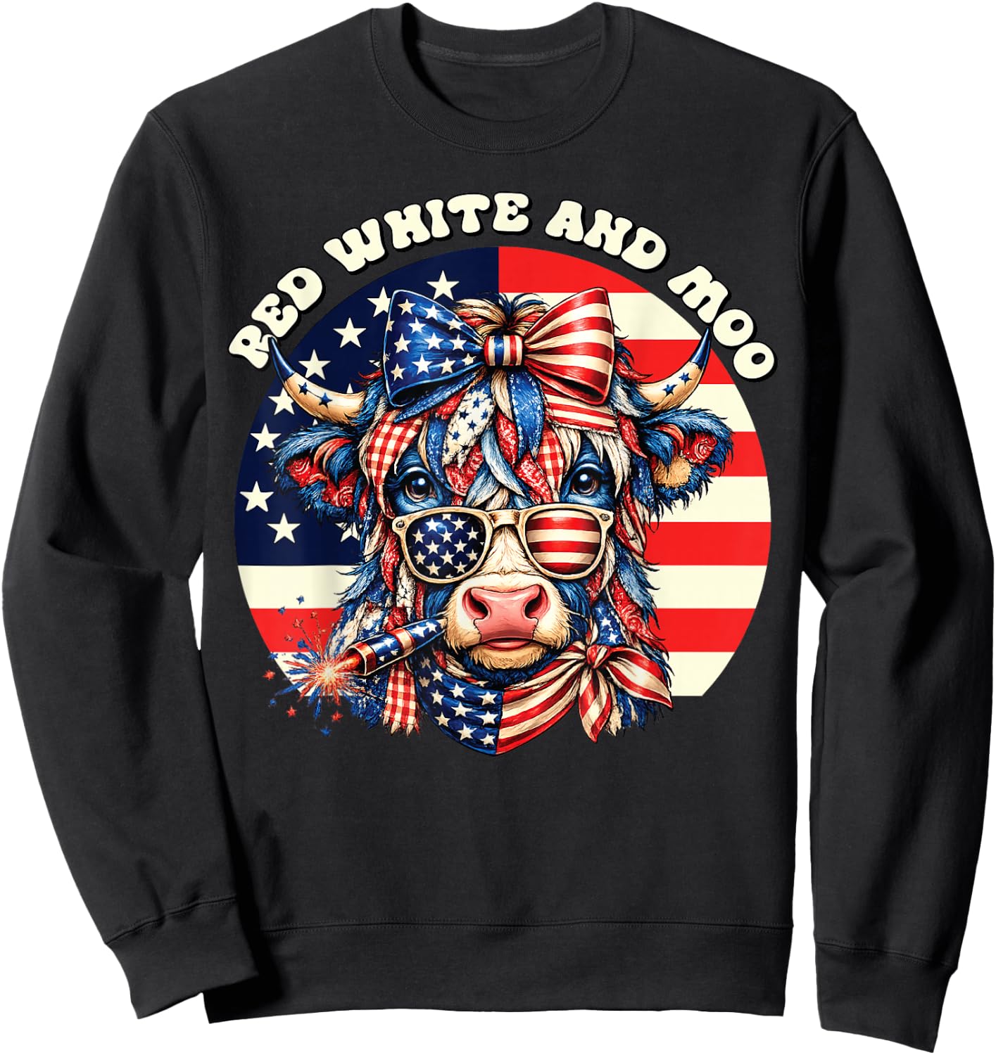 Patriotic Cow USA Flag 4th of July Red and White and Moo Sweatshirt - Sweatshirt | Black