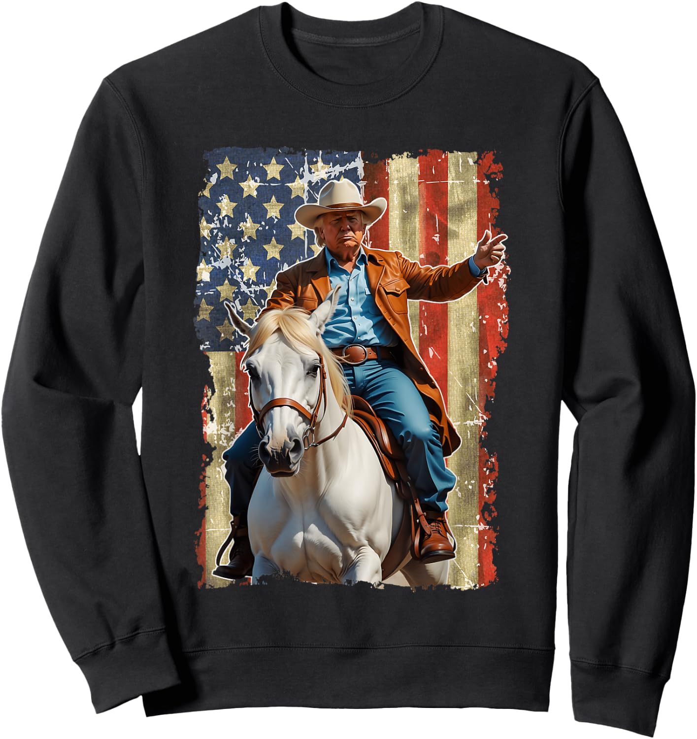 Trump Riding Horse American Flag Cowboy Sweatshirt - Sweatshirt | Black