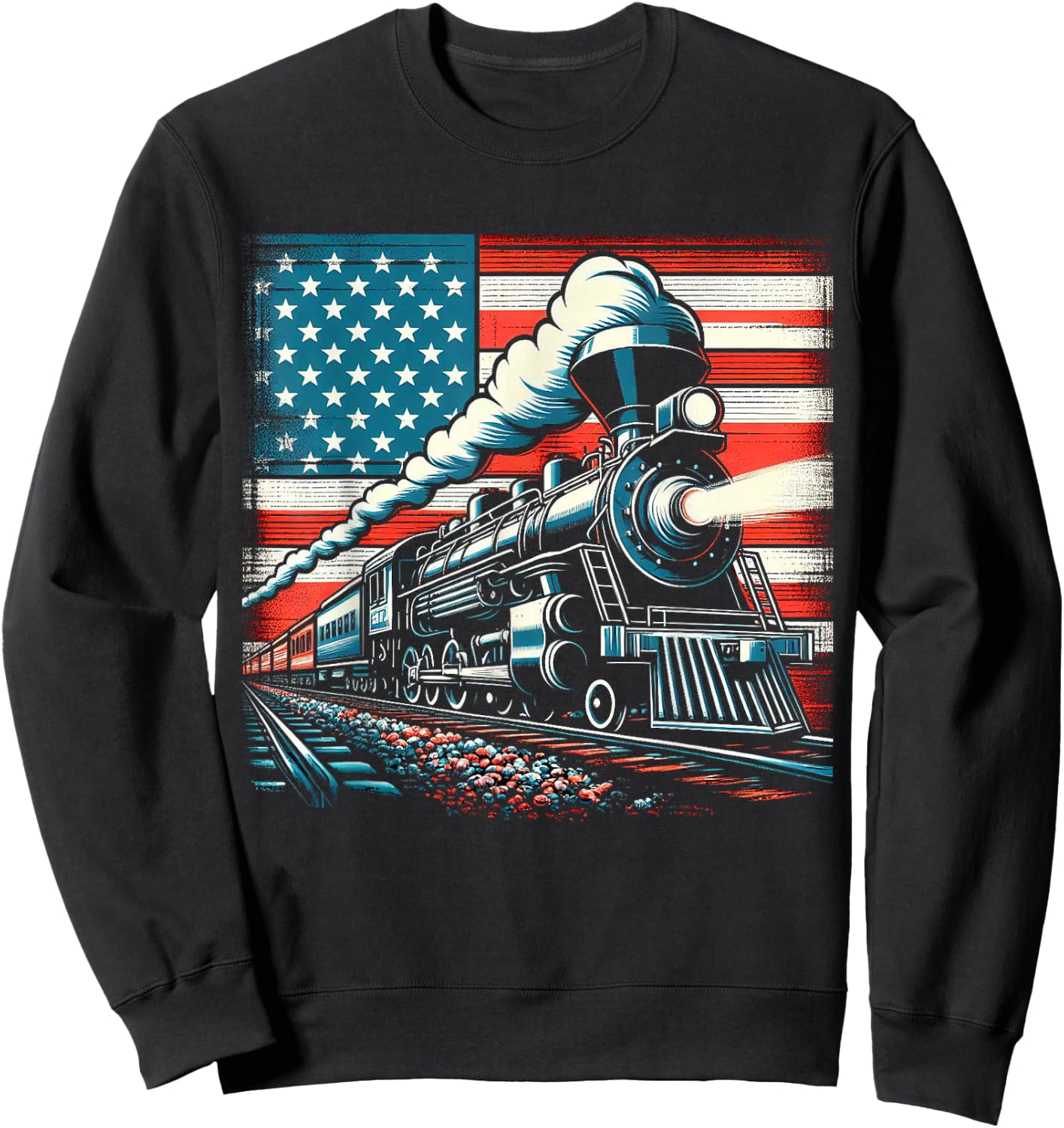 Train With The American Flag 4th of July Women Kids Men Sweatshirt - Sweatshirt | Black