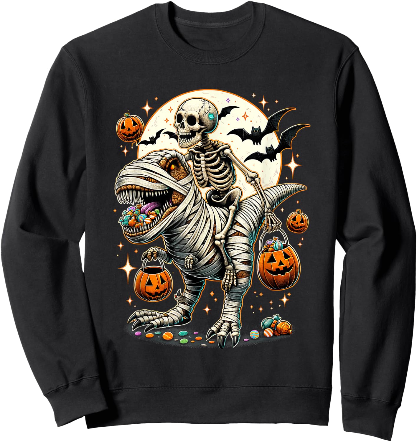 Skeleton Riding Mummy Dinosaur T Rex Kids Boys Men Halloween Sweatshirt - Sweatshirt | Black