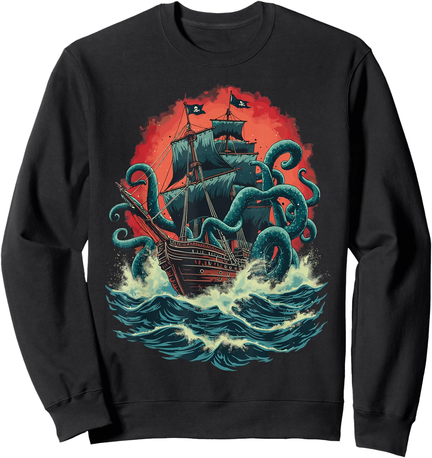 Pirate Ship Kraken Ocean Battle Giant Octopus Sea Monster Sweatshirt - Sweatshirt | Black