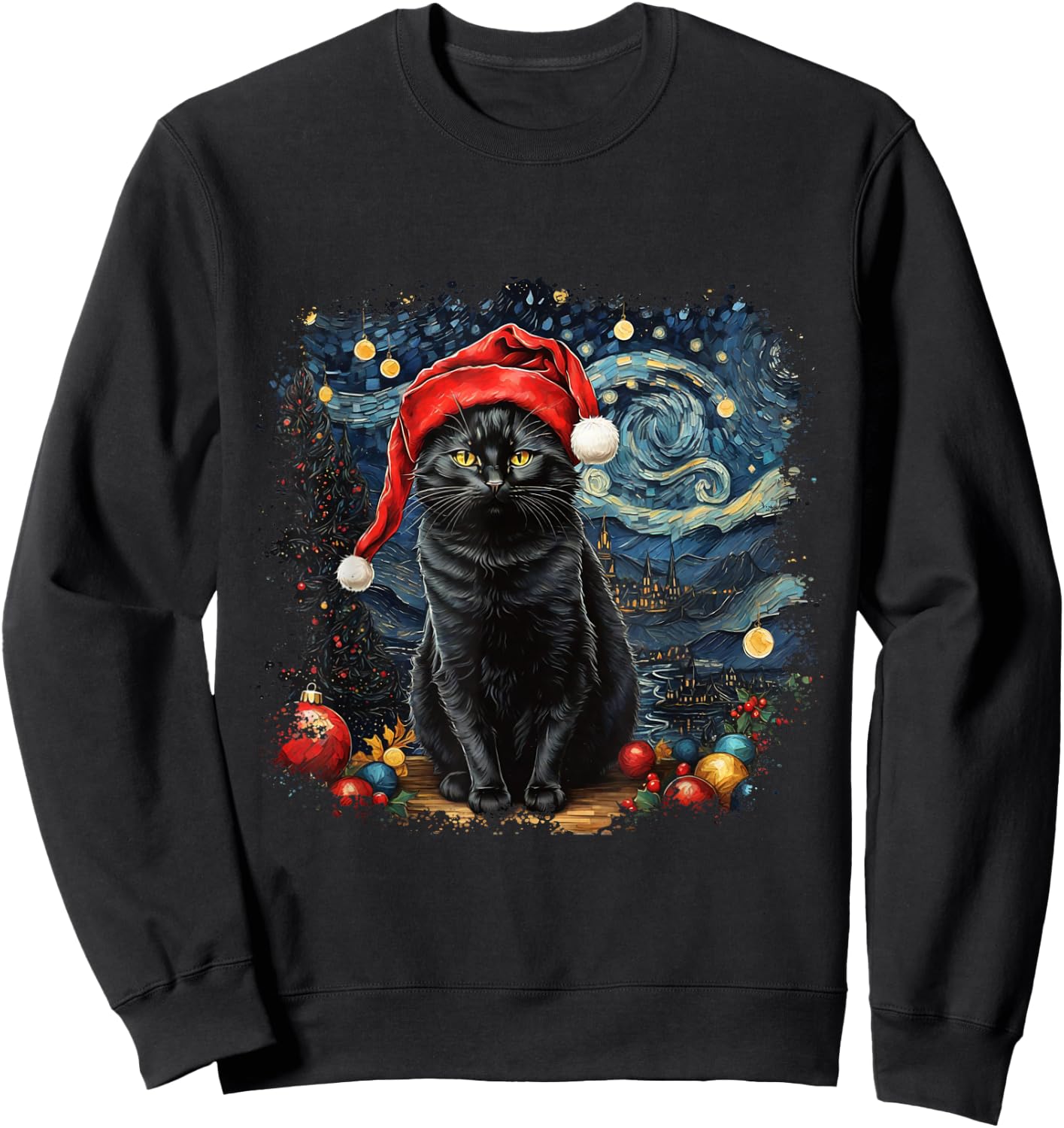 Cat , Starry Night Cat, Cat Shirt, Van Gogh Cat Sweatshirt - Sweatshirt | Black