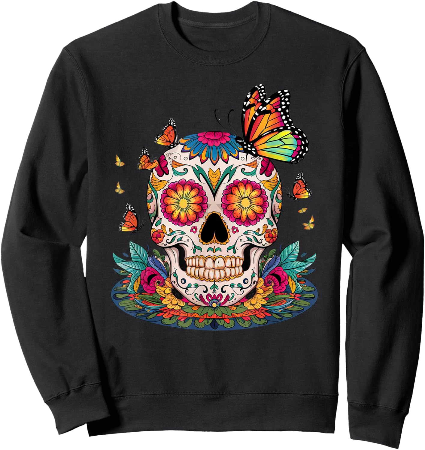 Sugar Skull Butterfly Day of Dead Halloween Dia De Muertos Sweatshirt - Sweatshirt | Black