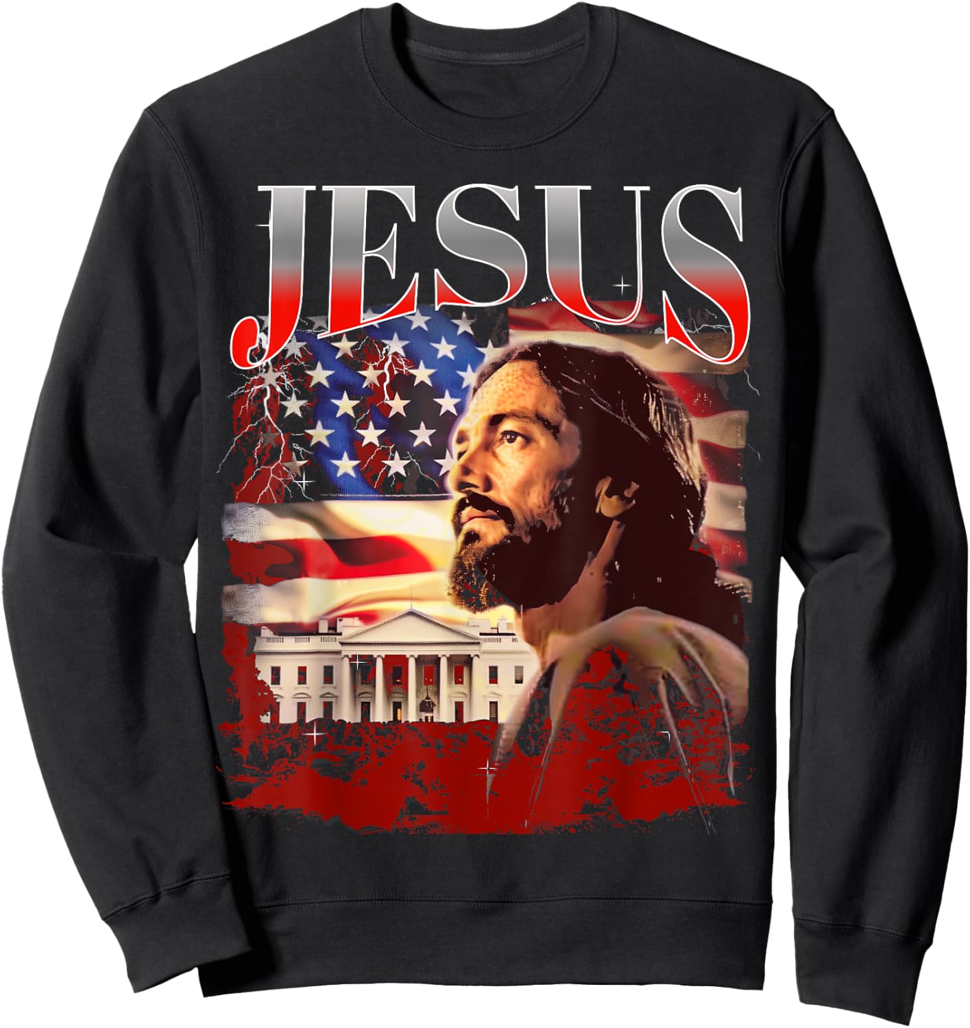 Jesus USA America Patriot Meme 90s Bootleg Rap Merch Style Sweatshirt - Sweatshirt | Black
