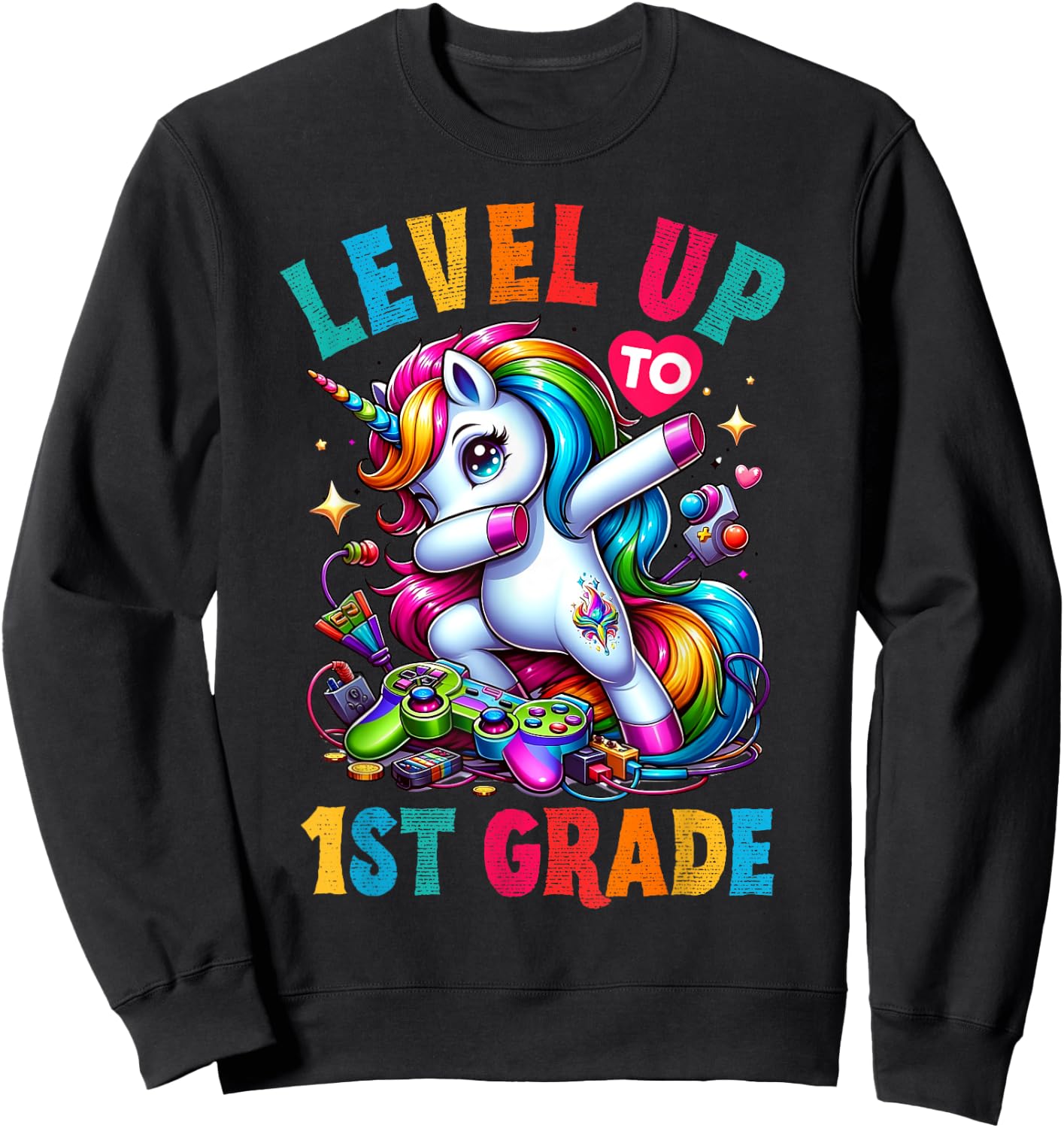 Unicorn video games back to School 1st grade Girls Level up Sweatshirt - Sweatshirt | Black
