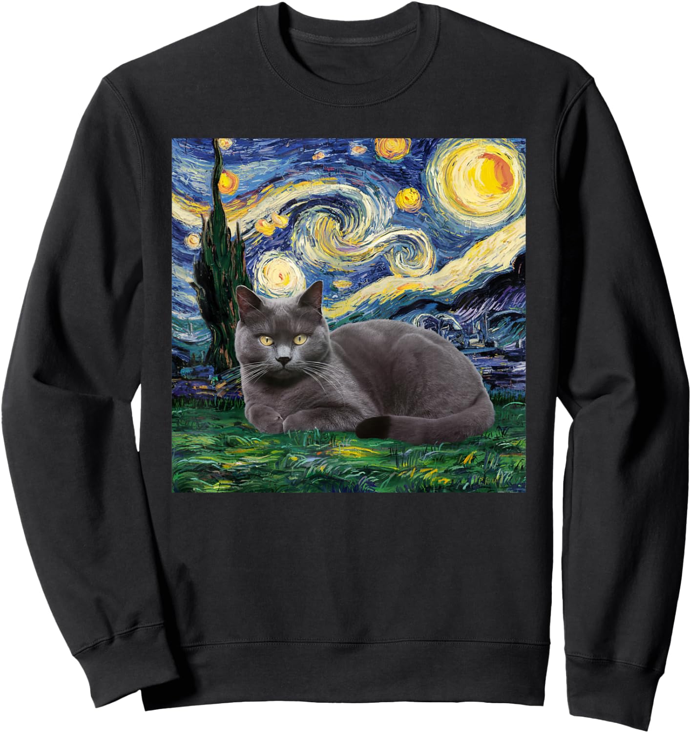 Gray Cat Van Gogh Starry Night Women Kids Sweatshirt - Sweatshirt | Black