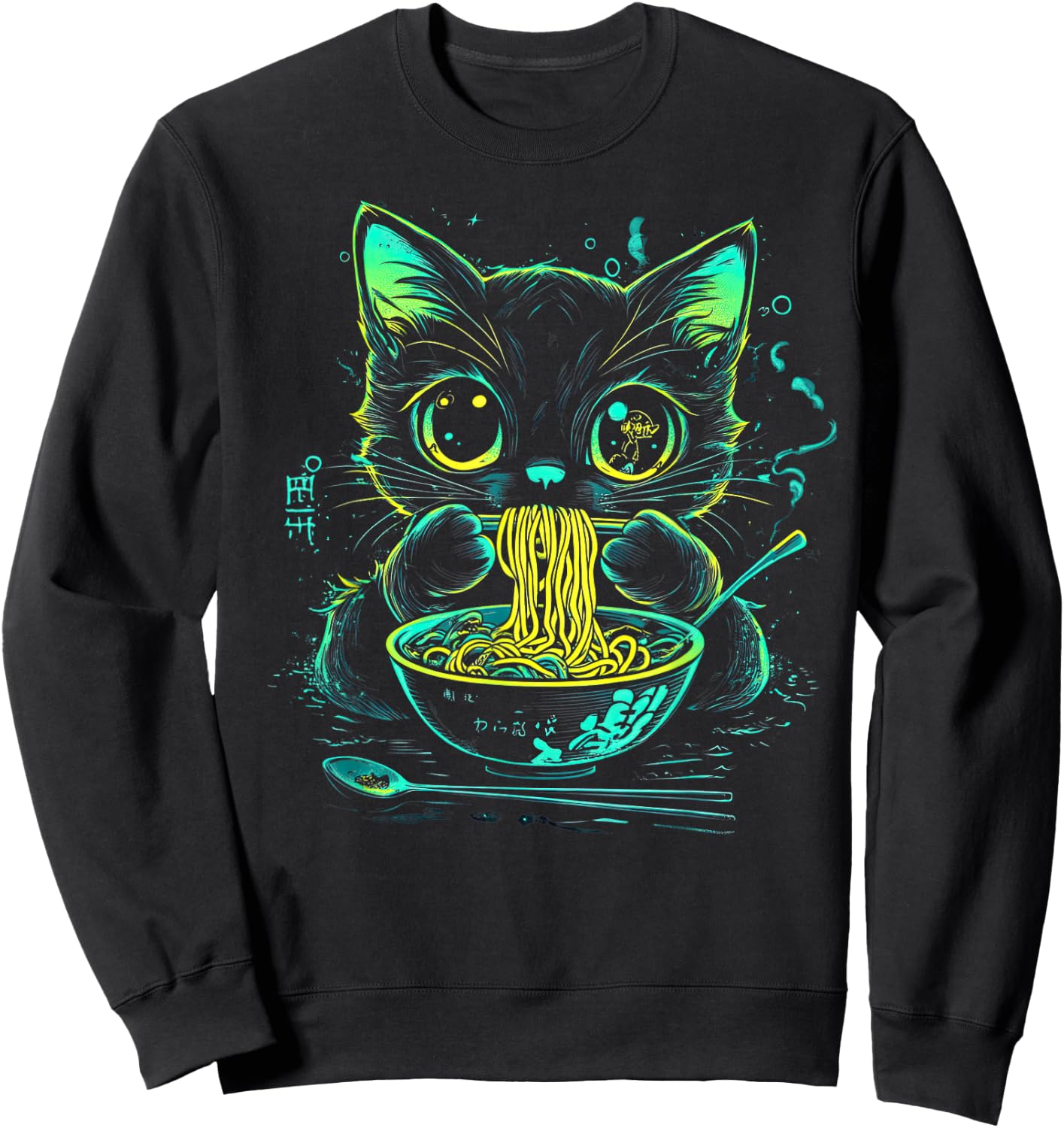 Anime Ramen Cat Japanese Retro Noodles Aesthetic Kawaii Cat Sweatshirt - Sweatshirt | Black