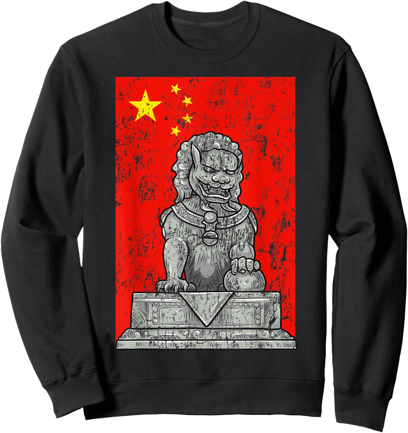 Chinese Flag China Lion Guard Beijing Distressed Sweatshirt - Sweatshirt | Black