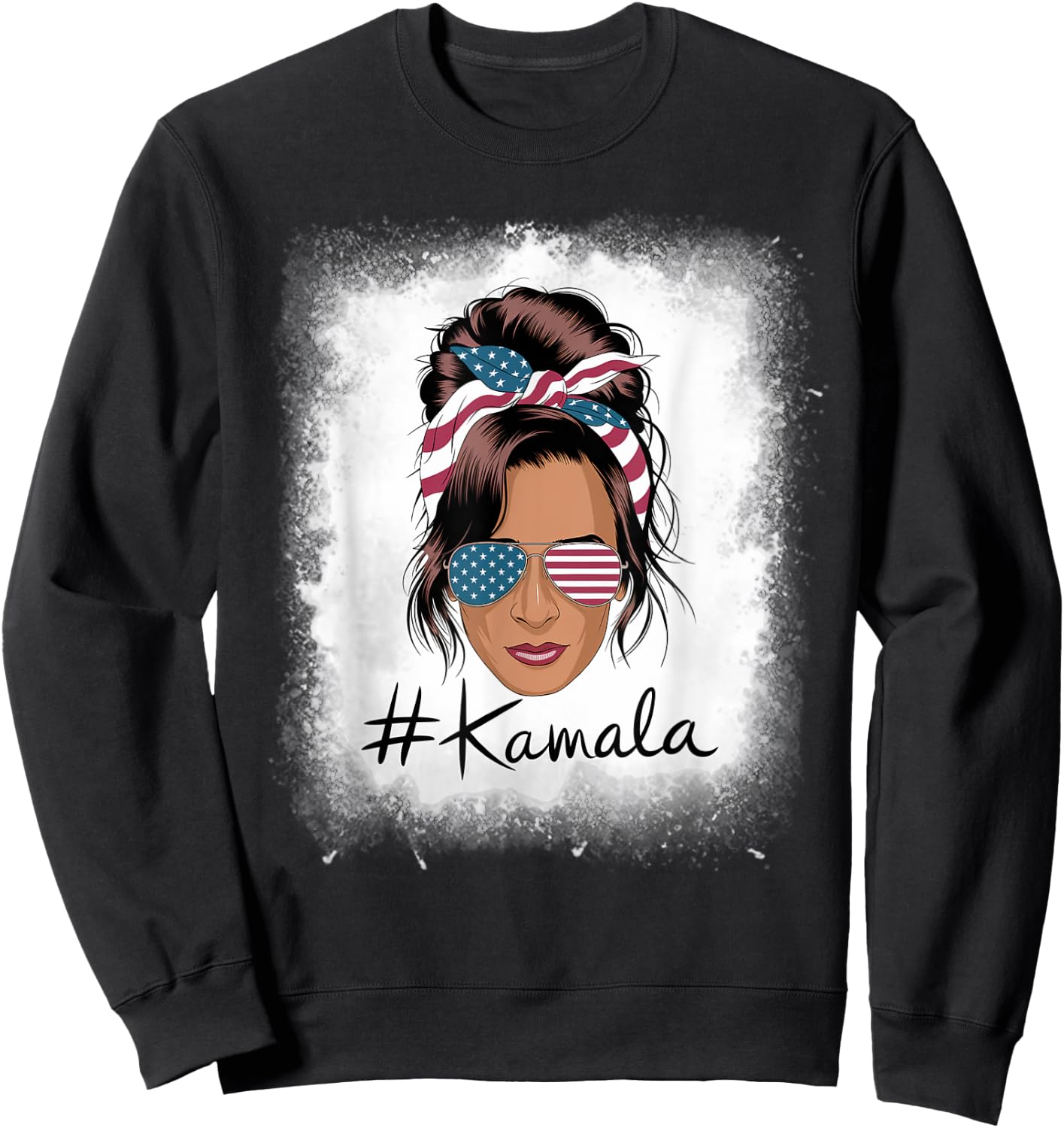 Kamala Harris Retro USA Patriotic American Flag Messy Bun Sweatshirt - Sweatshirt | Black