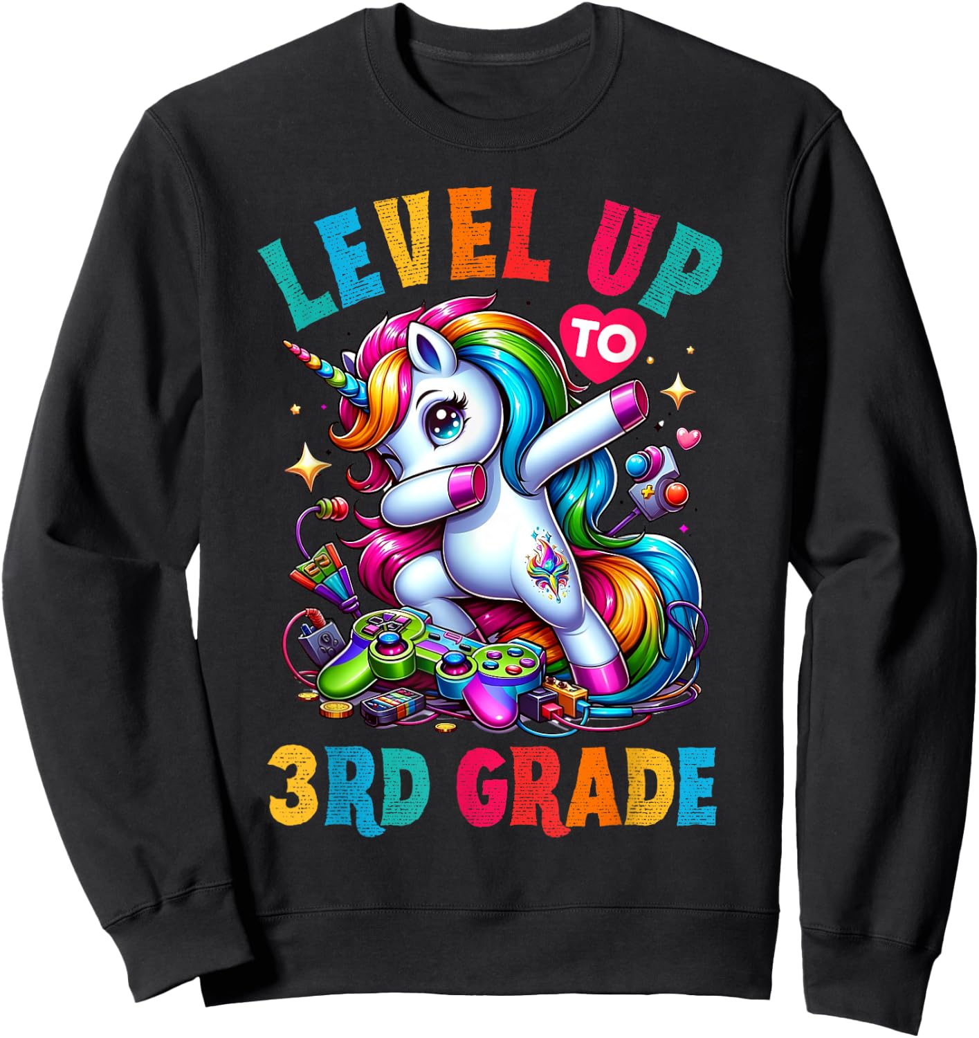 Unicorn video games back to School 3rd grade Girls Level up Sweatshirt - Sweatshirt | Black