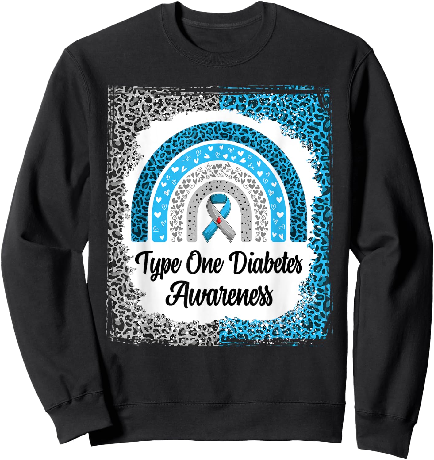 Type 1 Diabetes Awareness Bleached Rainbow leopard Ribbon Sweatshirt - Sweatshirt | Black