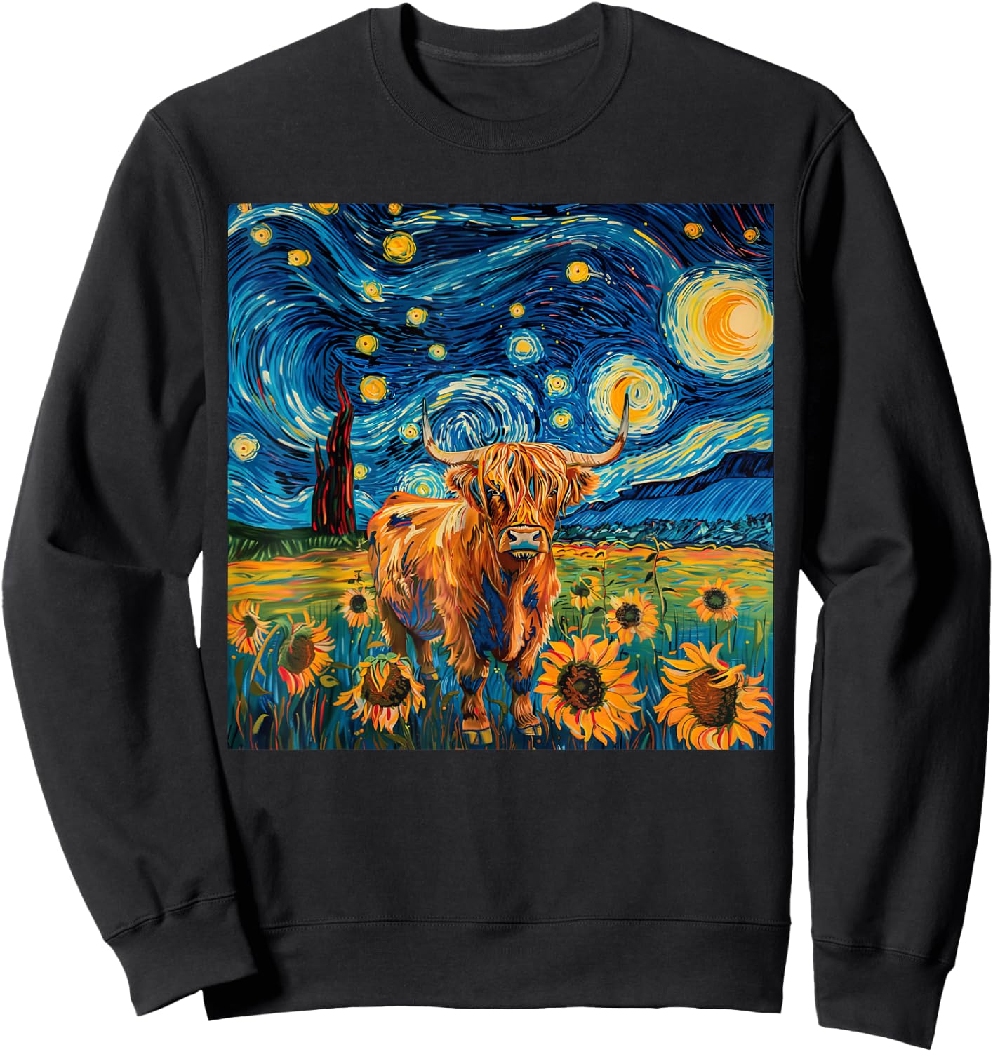 Aesthetic Scottish Highland Cow With Sunflowers Starry Night Sweatshirt - Sweatshirt | Black